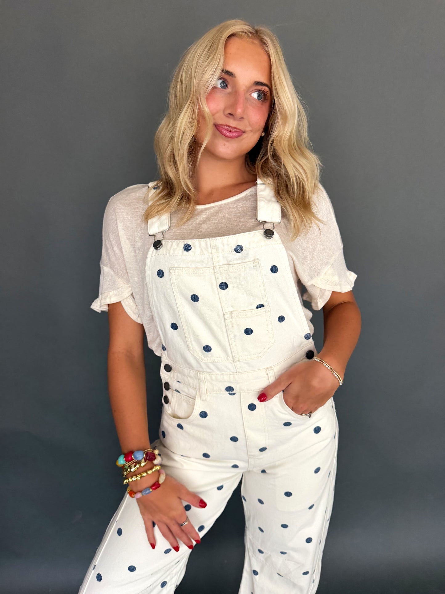 Ivory & Navy Polka Dot Overalls