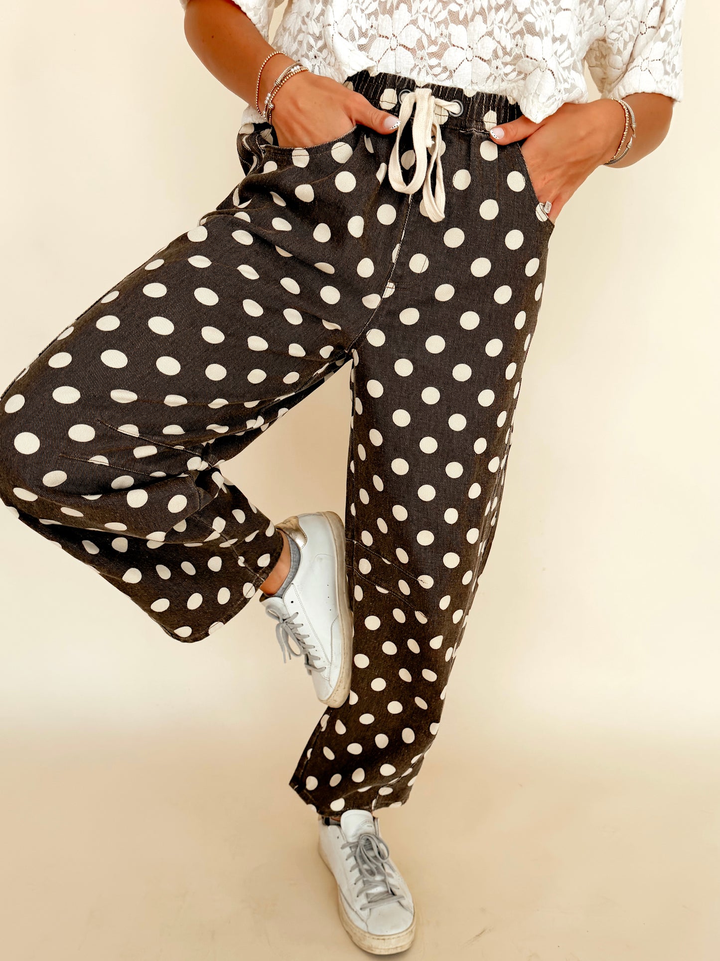 Cocoa Polka Dot Drawstring Barrel Leg Pants