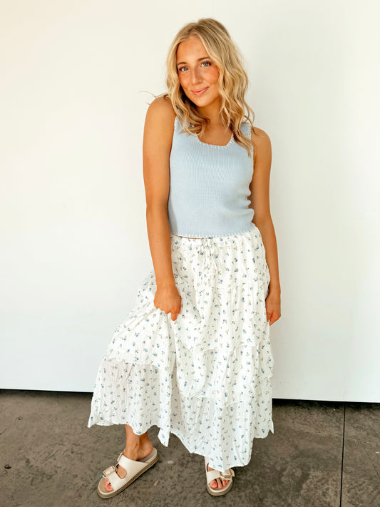 White Tiered Floral Print Skirt