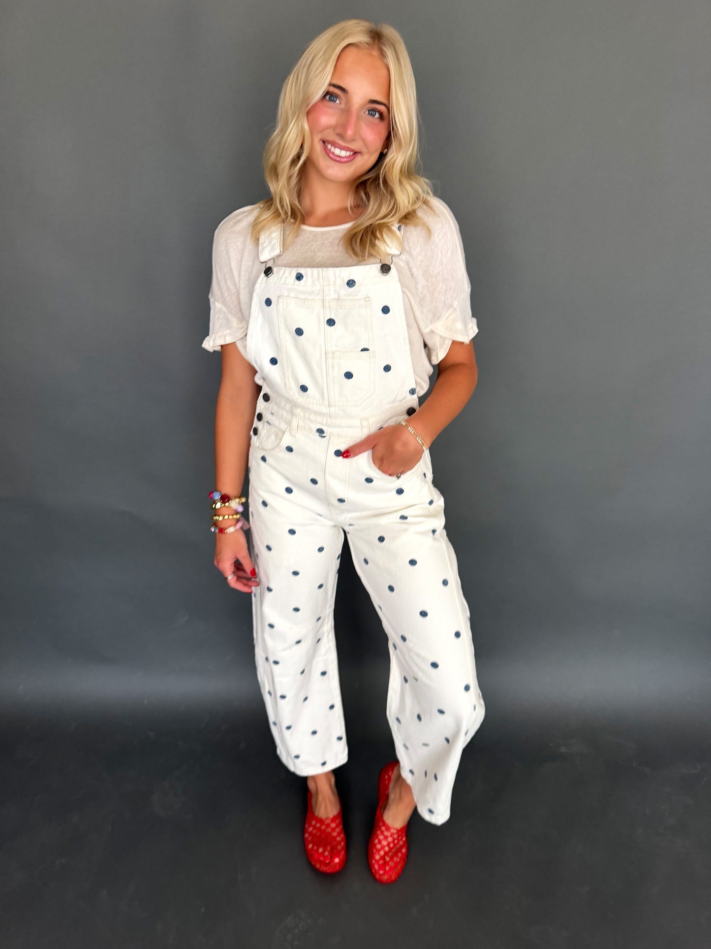 Ivory & Navy Polka Dot Overalls