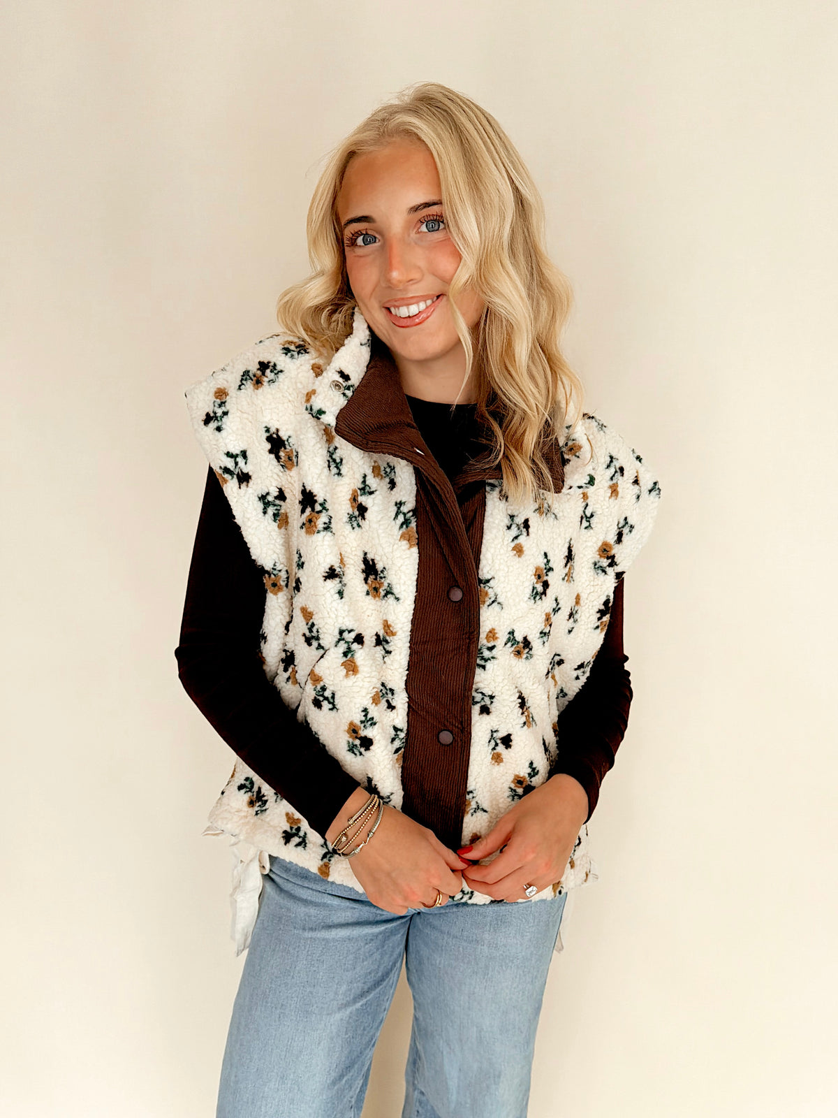 Cream Floral Sherpa Vest