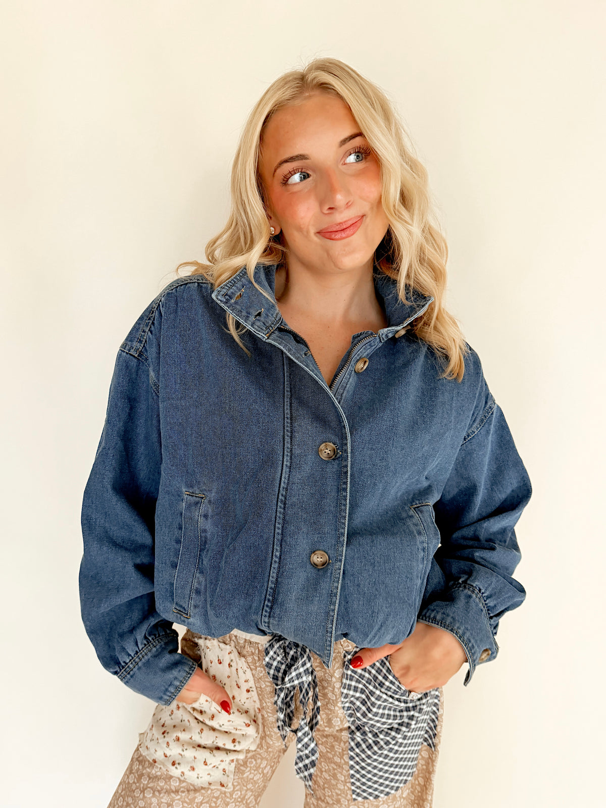 High Collar Denim Bomber Jacket