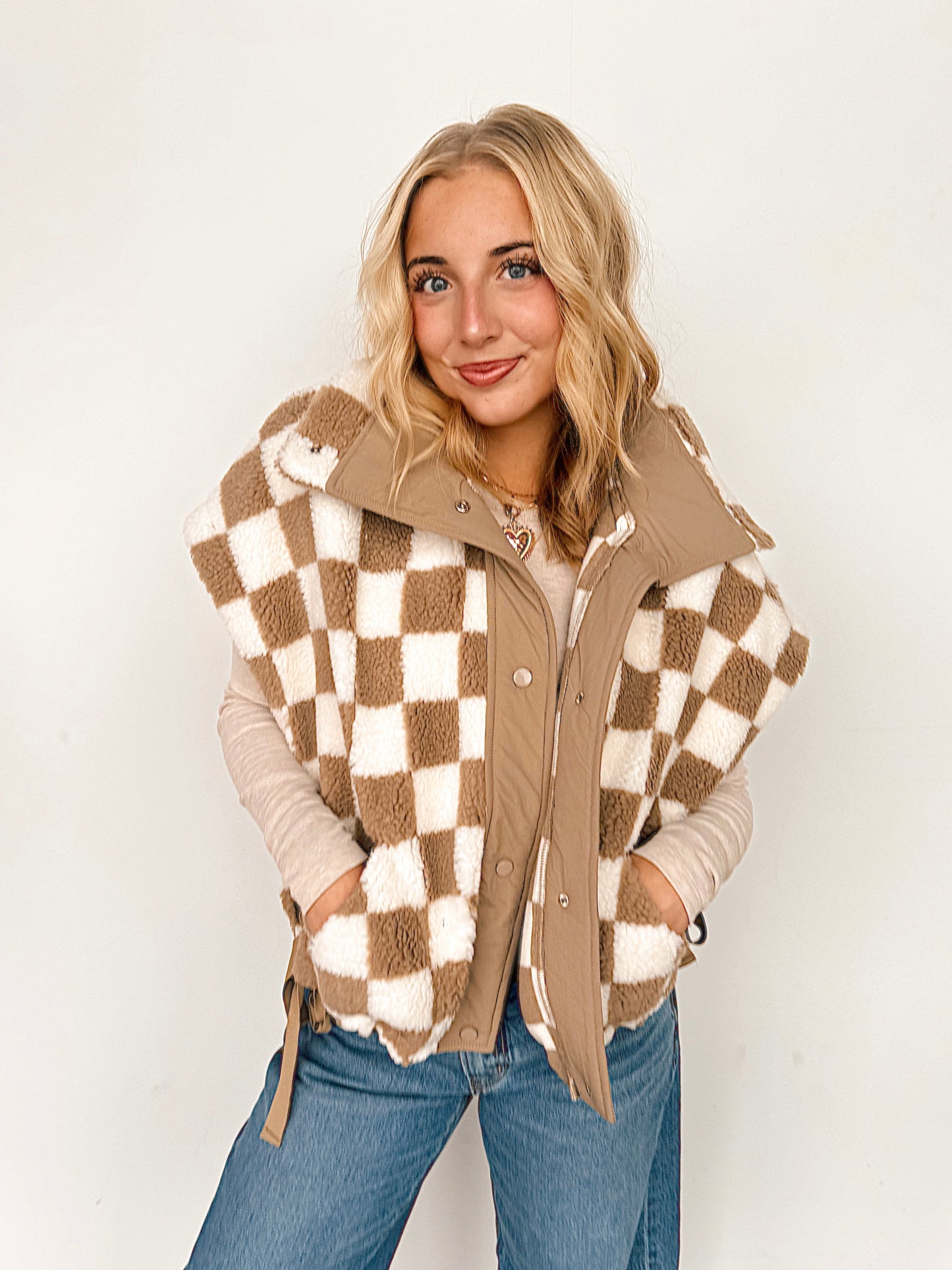 Beige Checkered Fleece Vest
