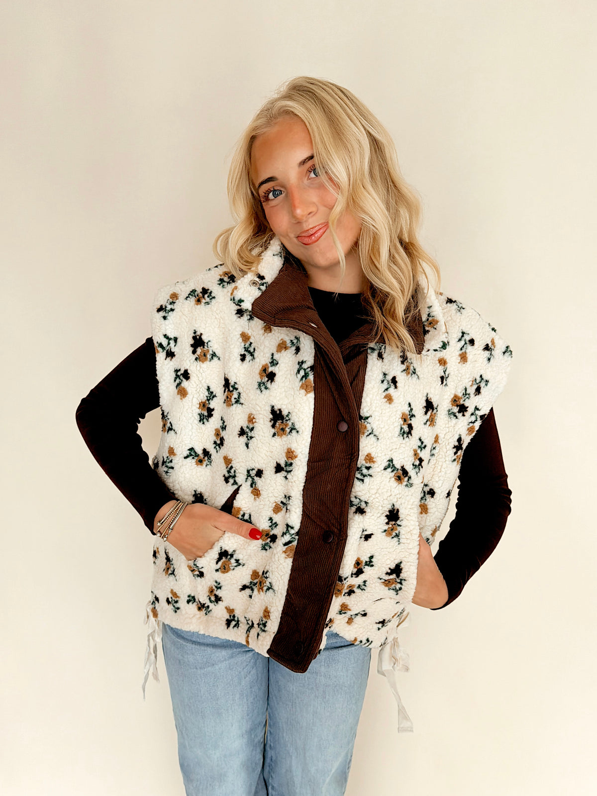 Cream Floral Sherpa Vest