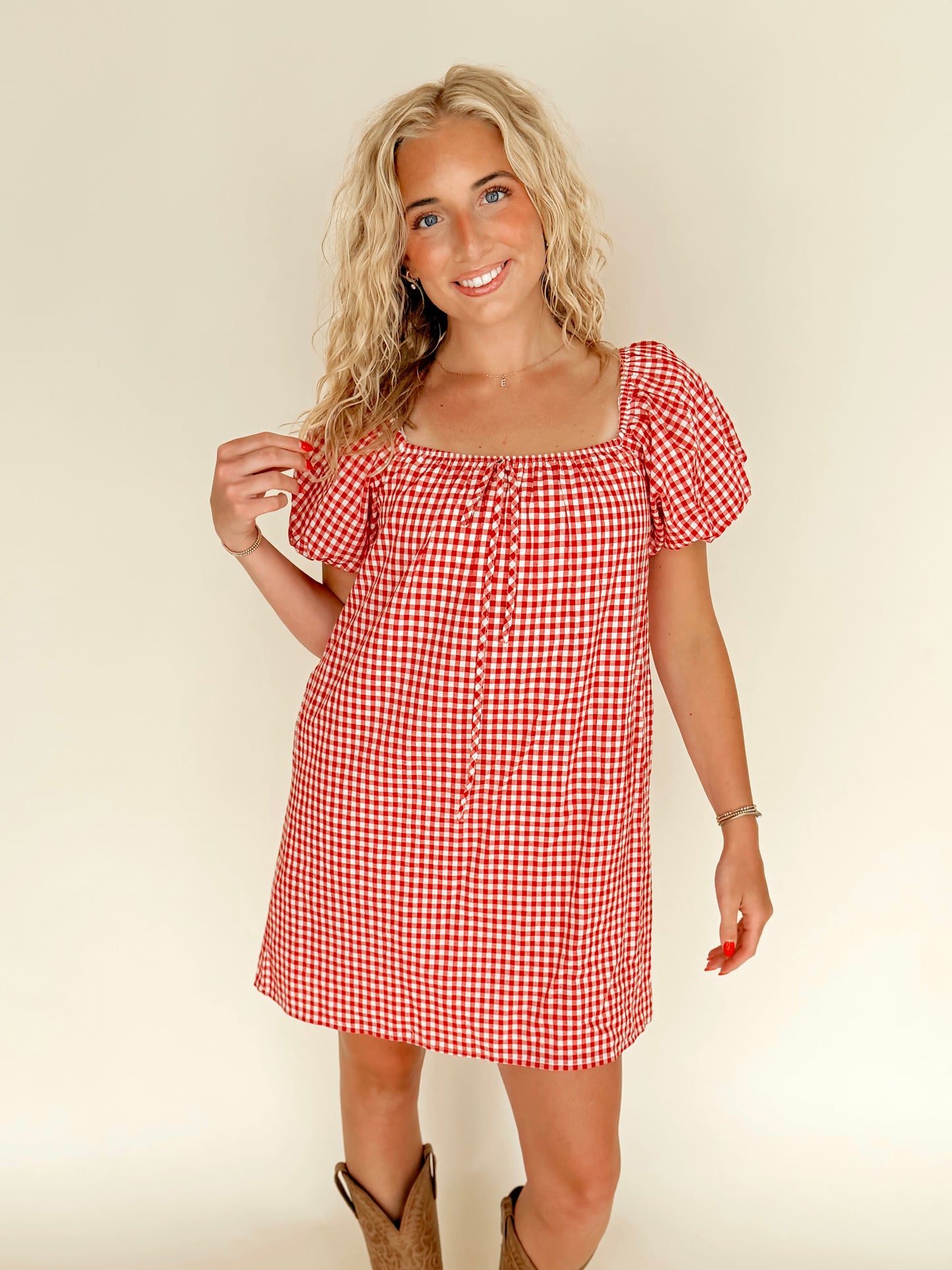Red Gingham Puff Sleeve Dress