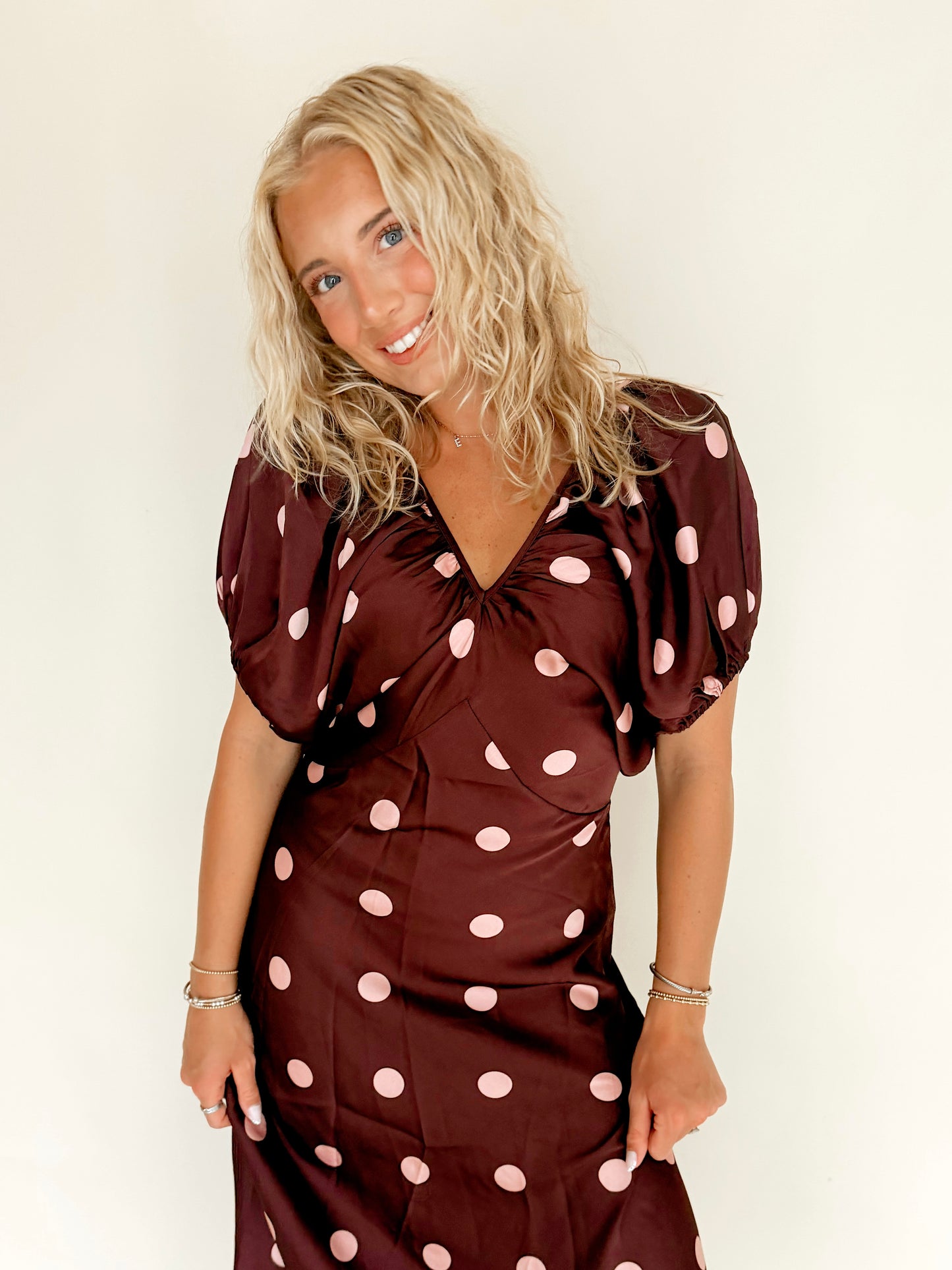 Burgundy Satin Polka Dot Dress