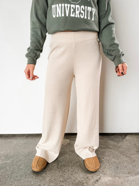 ‘White Christmas’ Cream Ribbed Wide Leg Comfy Pants