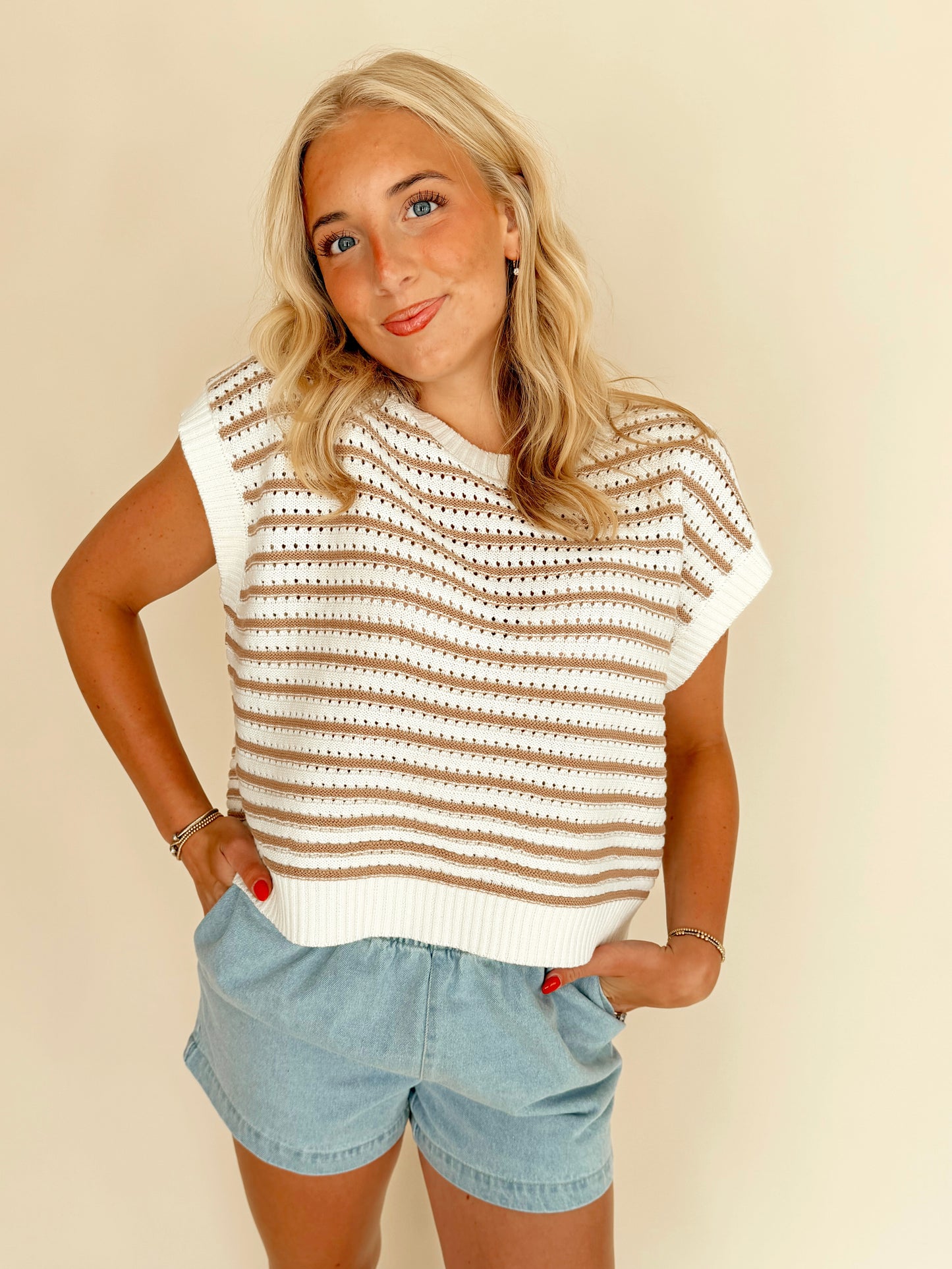 Taupe Striped Sleeveless Crew Neck Top