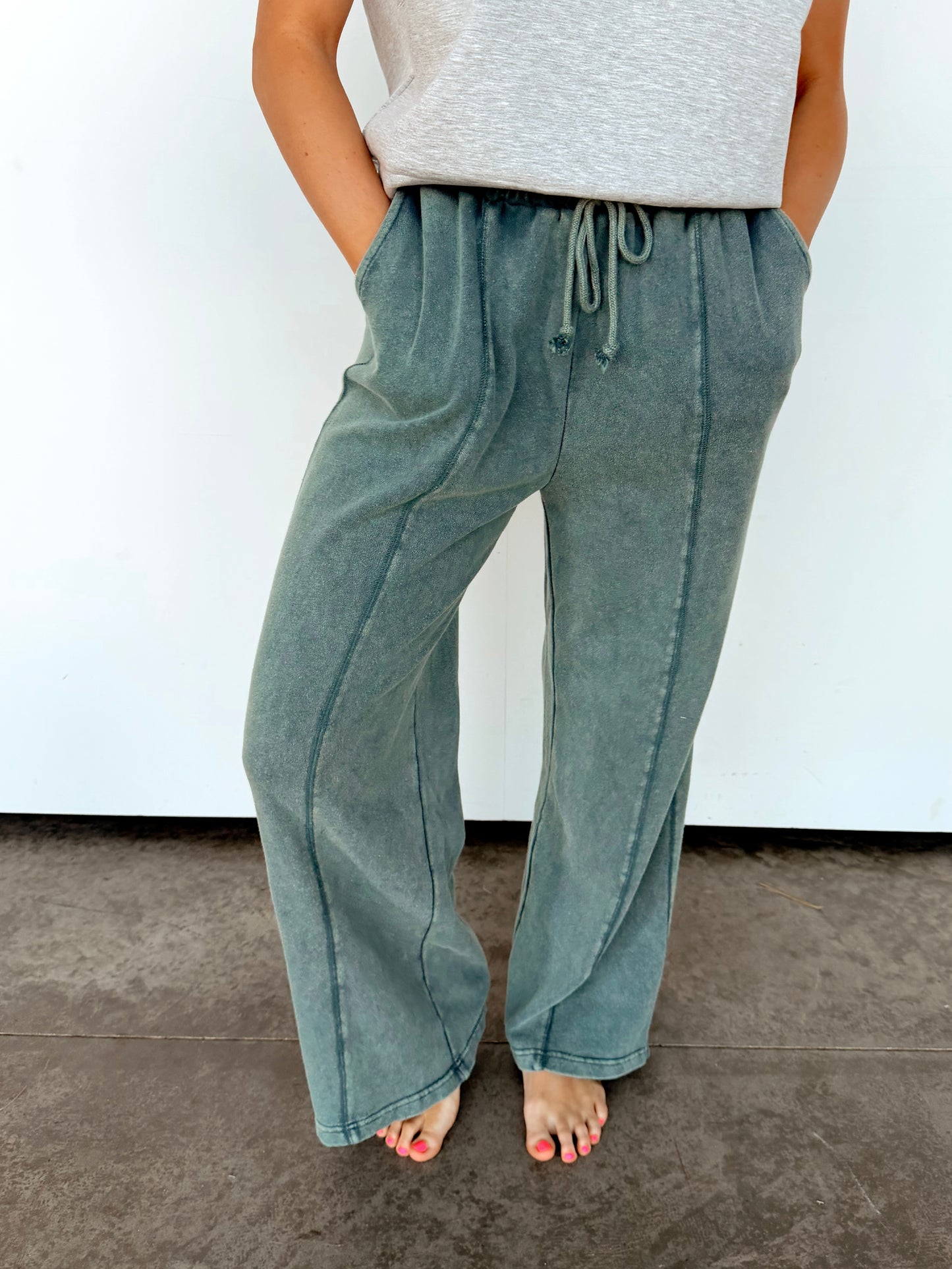 Dark Teal Acid Wash French Terry Wide-Leg Pants