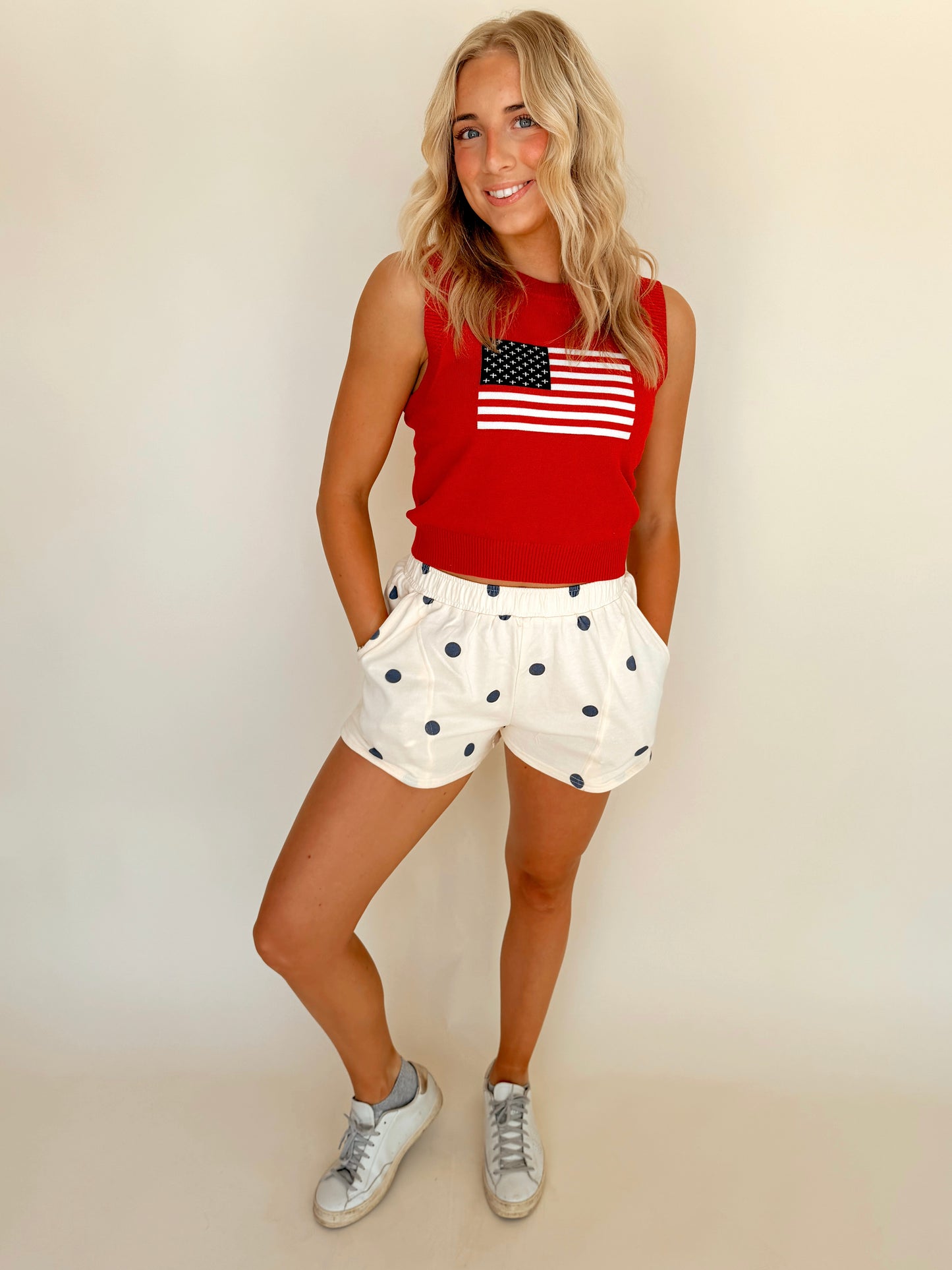 Red Flag Print Knitted Sleeveless Sweater