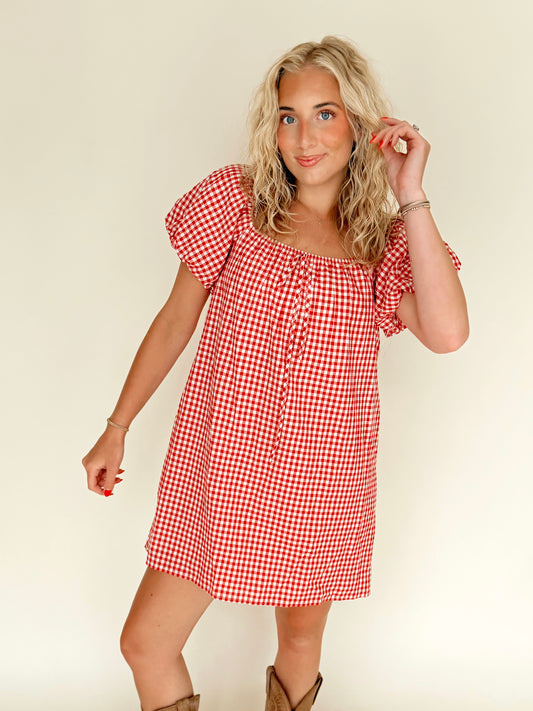 Red Gingham Puff Sleeve Dress