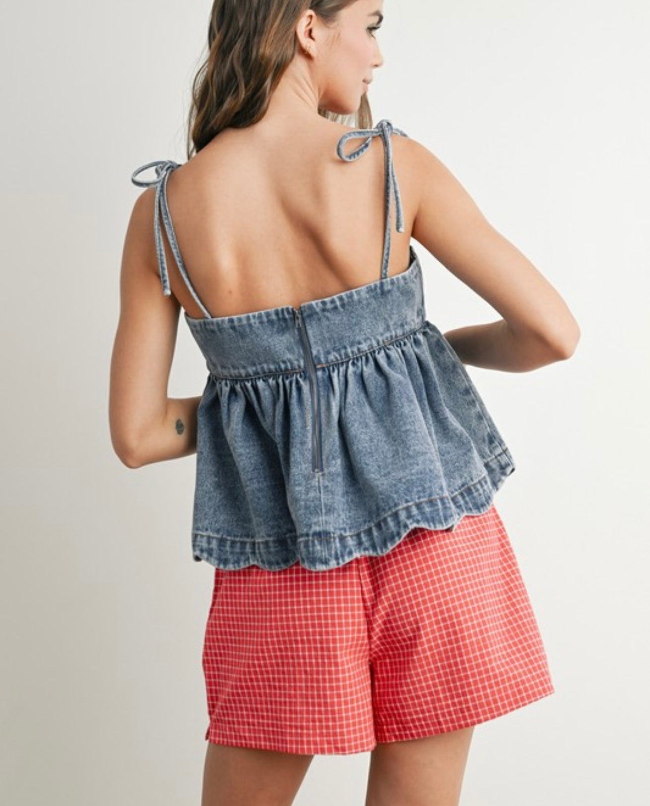 Denim Tie Strap Peplum Top