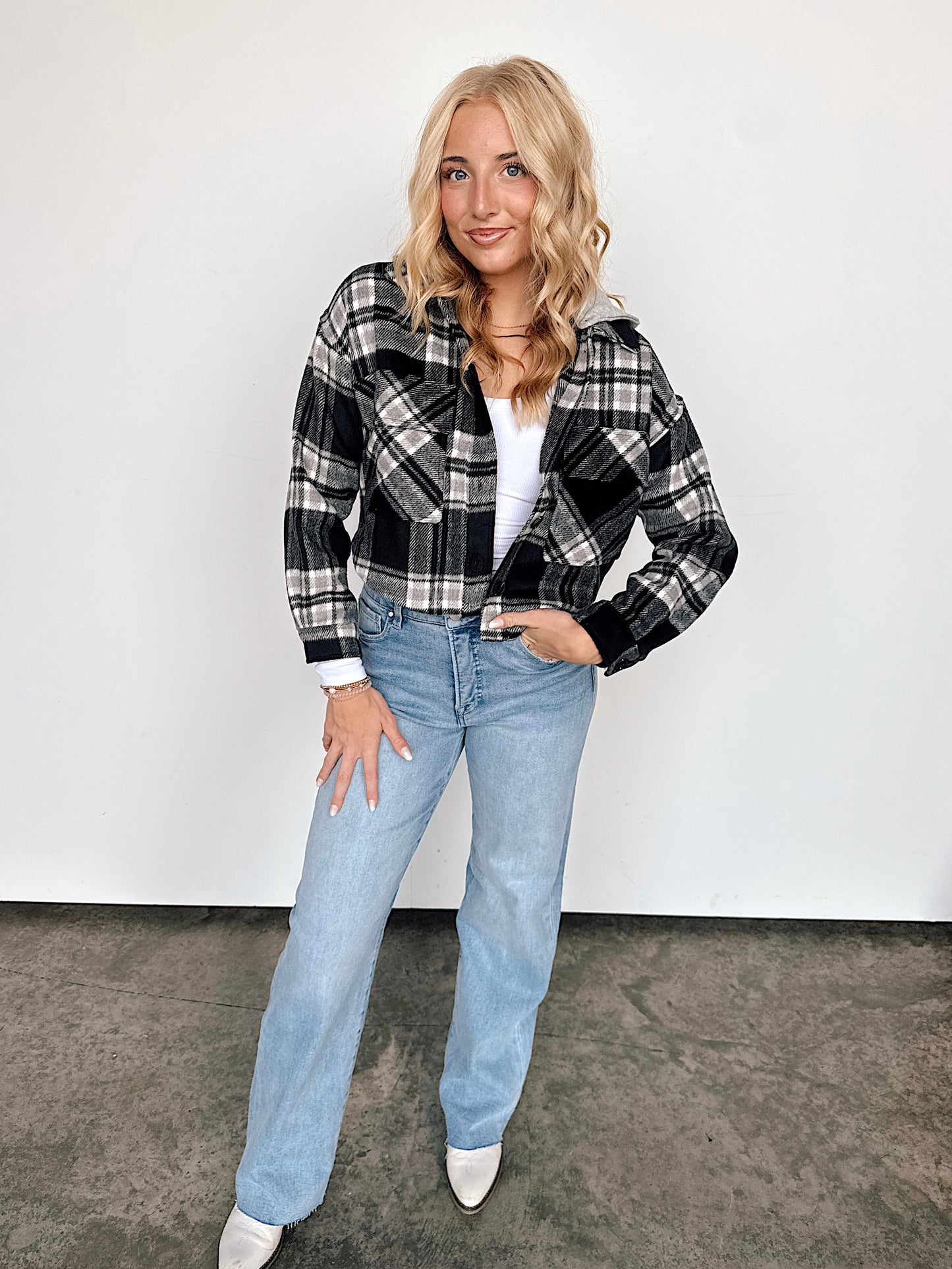Black Hooded Cropped Plaid Jacket