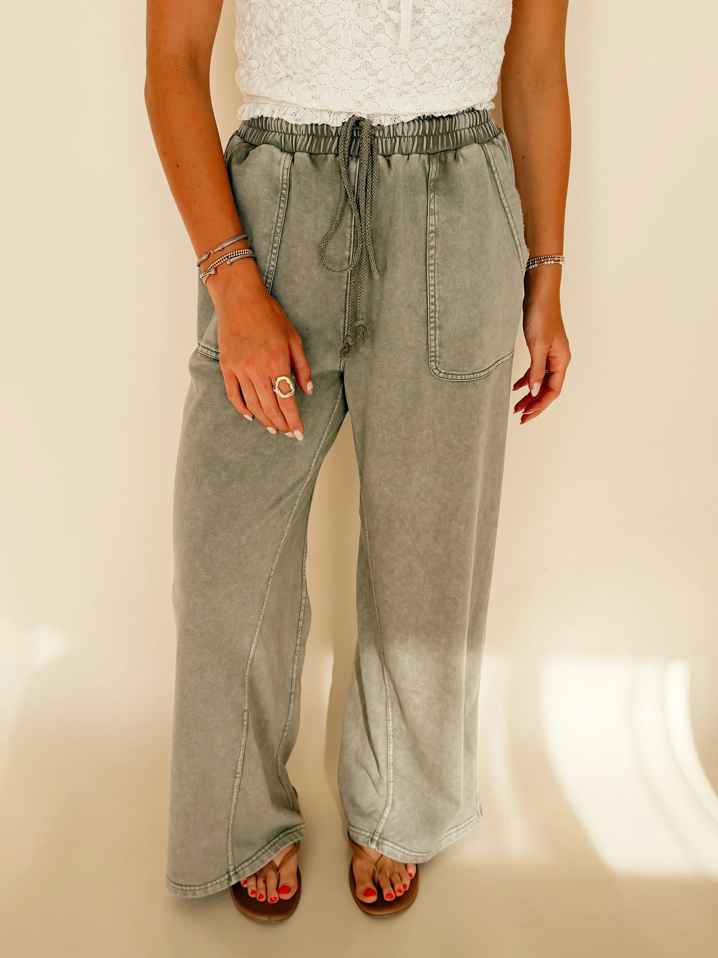 Olive French Terry Wide Leg Pants