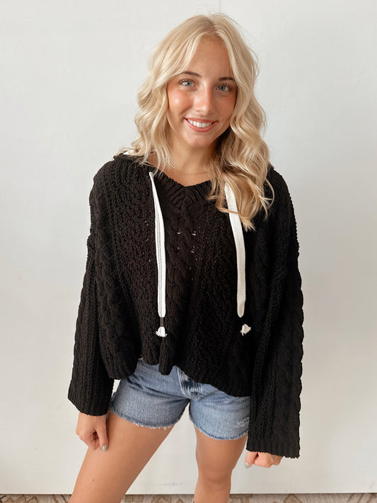 Black Cableknit Drawstring Sweater Top