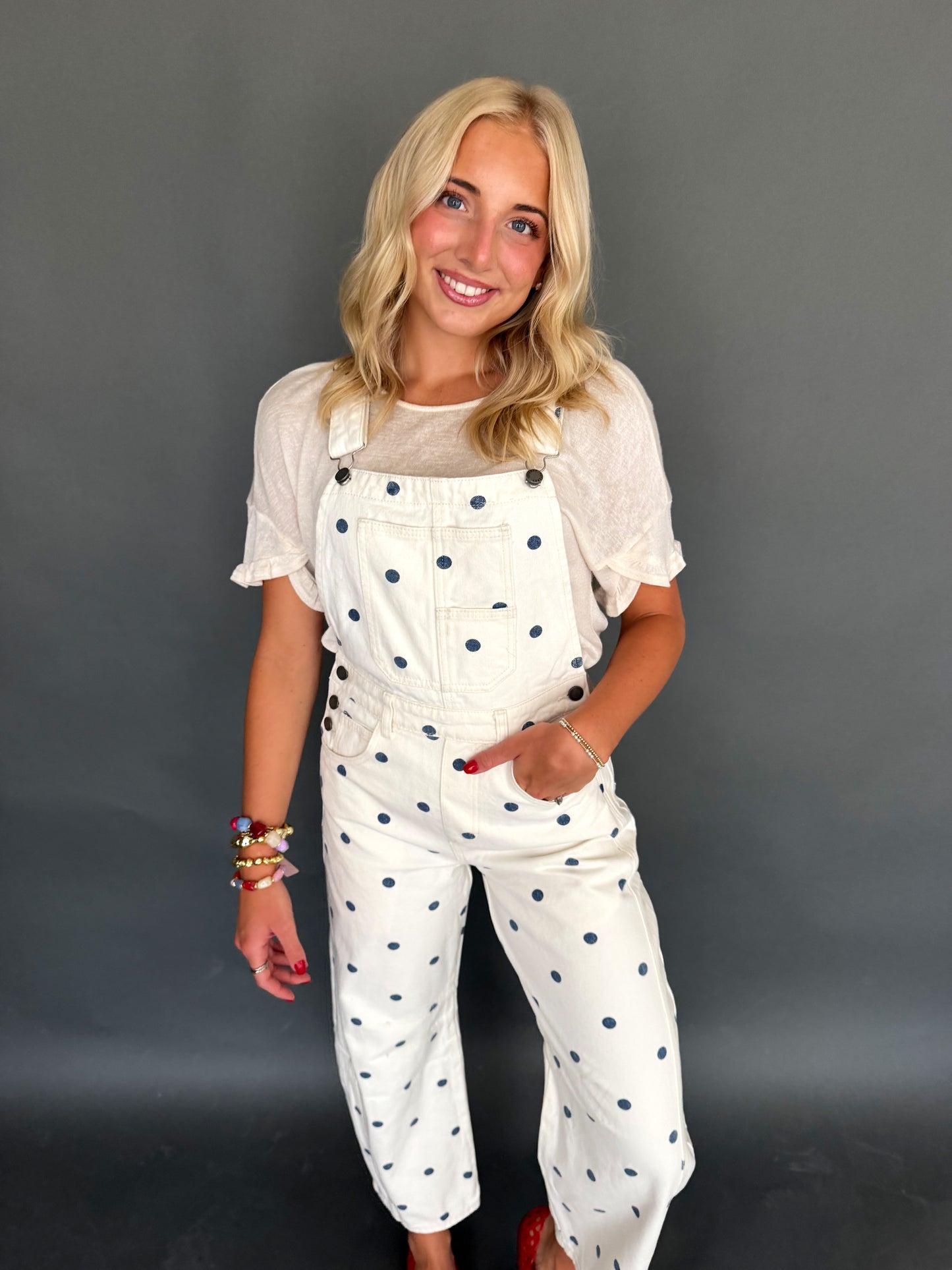 Ivory & Navy Polka Dot Overalls