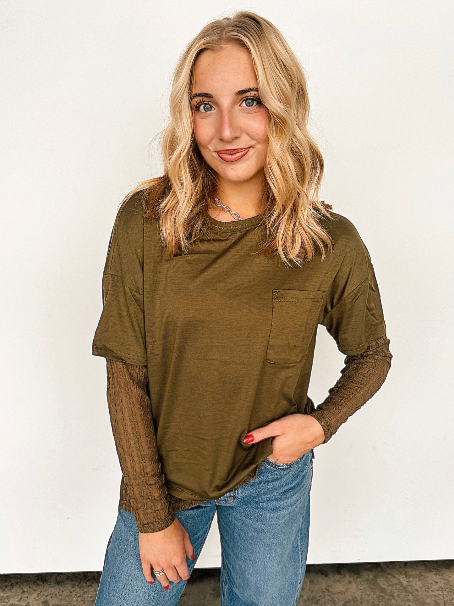 Olive Shirt with Lace Sleeves