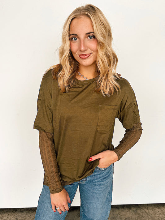 Olive Shirt with Lace Sleeves