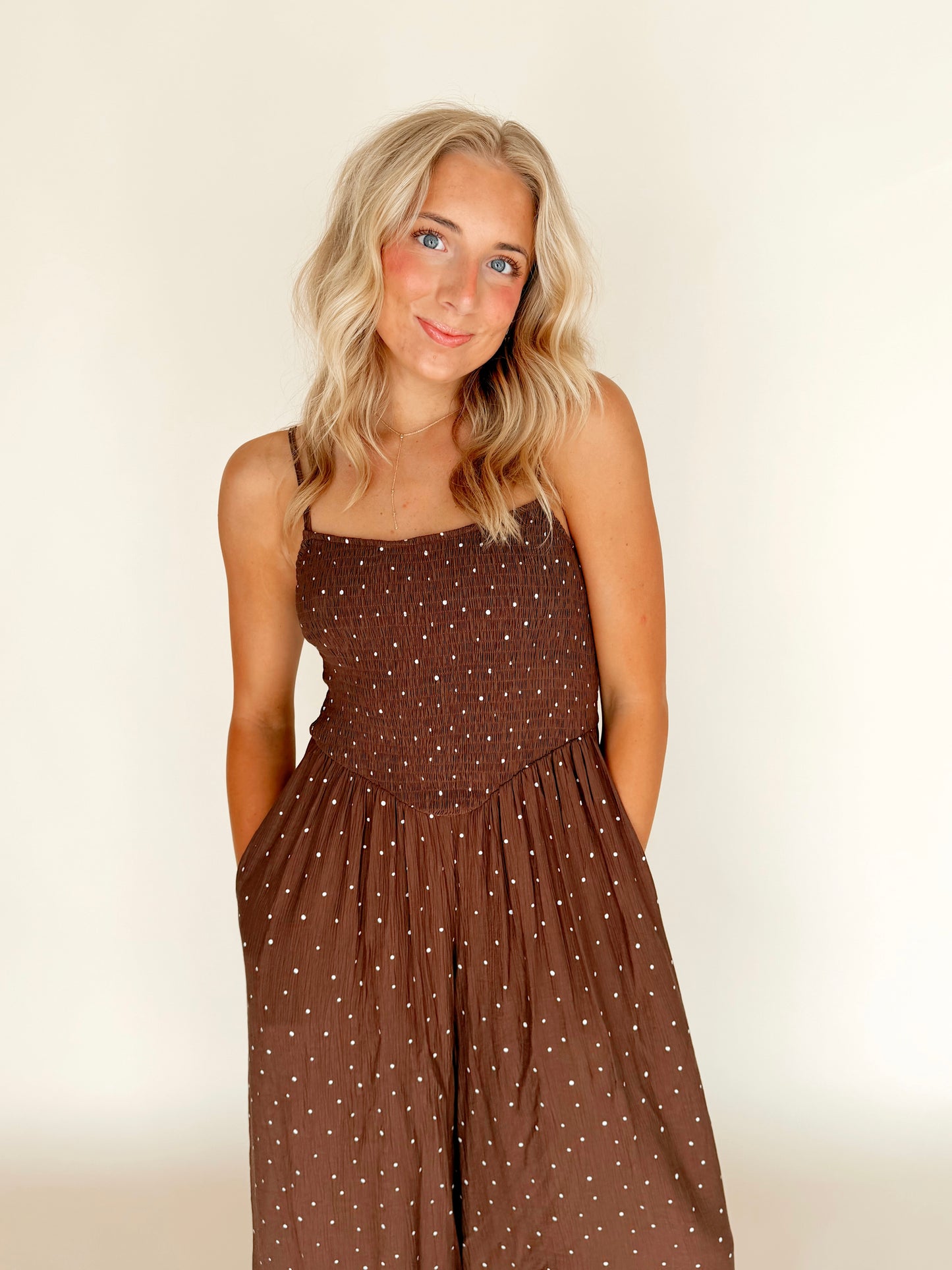 Chocolate Polka Dot Print Smocked Jumpsuit