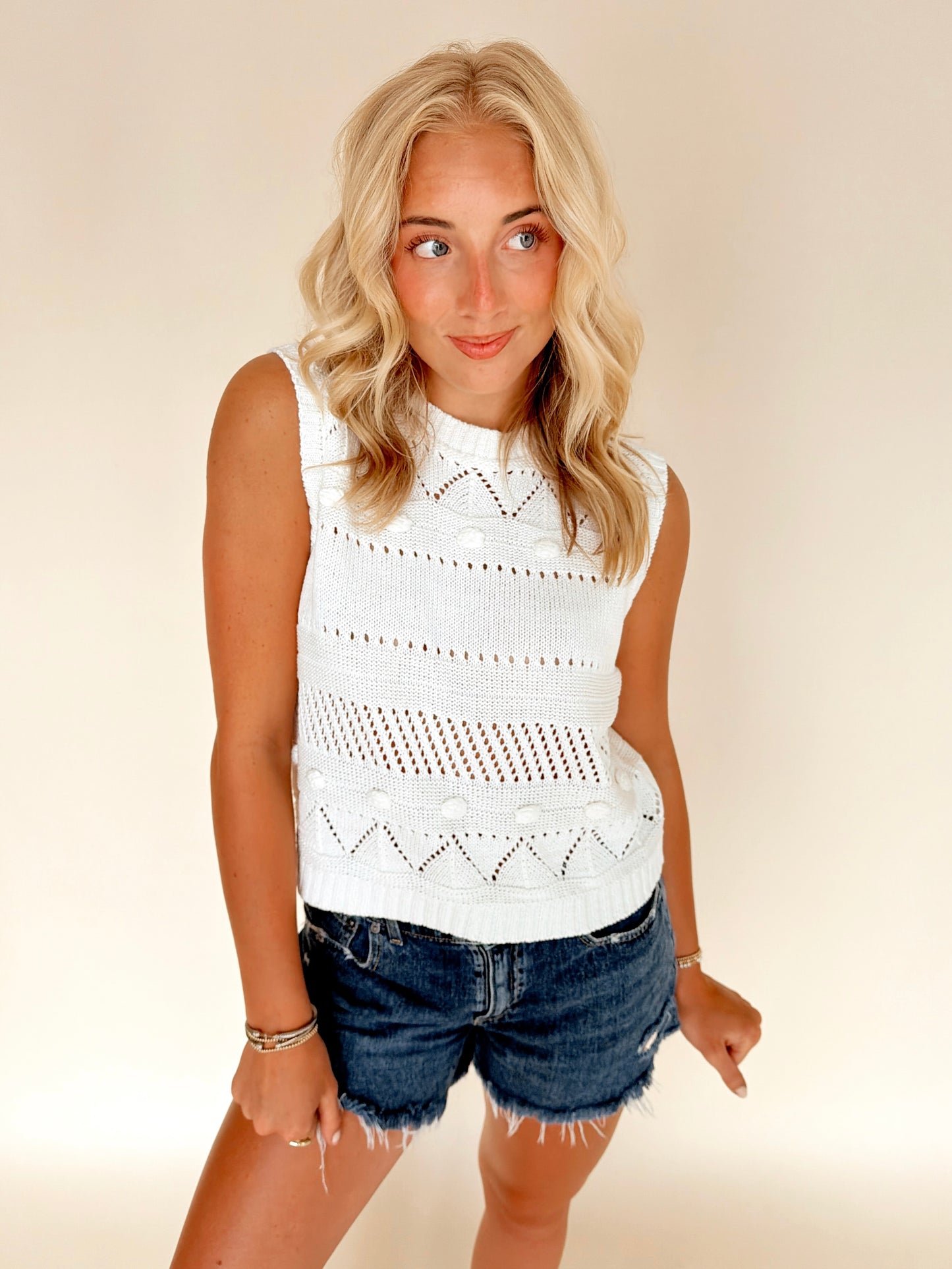 White Knit Sleeveless Sweater Top