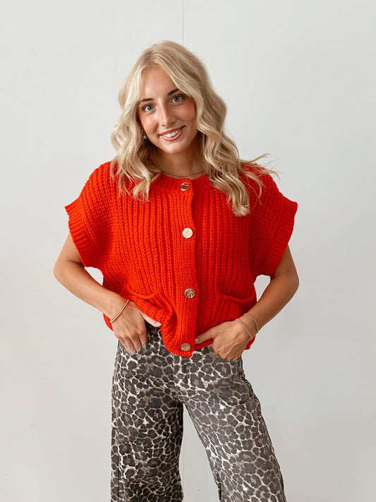 Red Button Detail Chunky Sleeveless Sweater