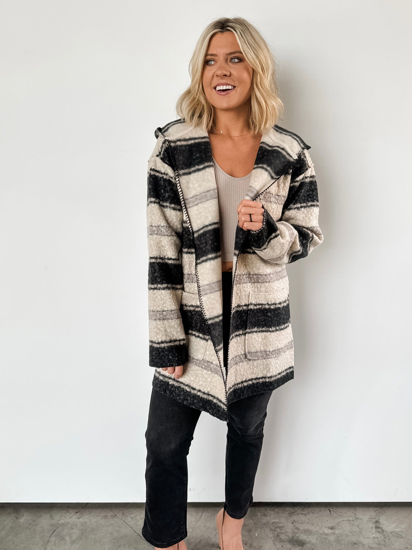 Black & Beige Striped Hooded Coat Jacket