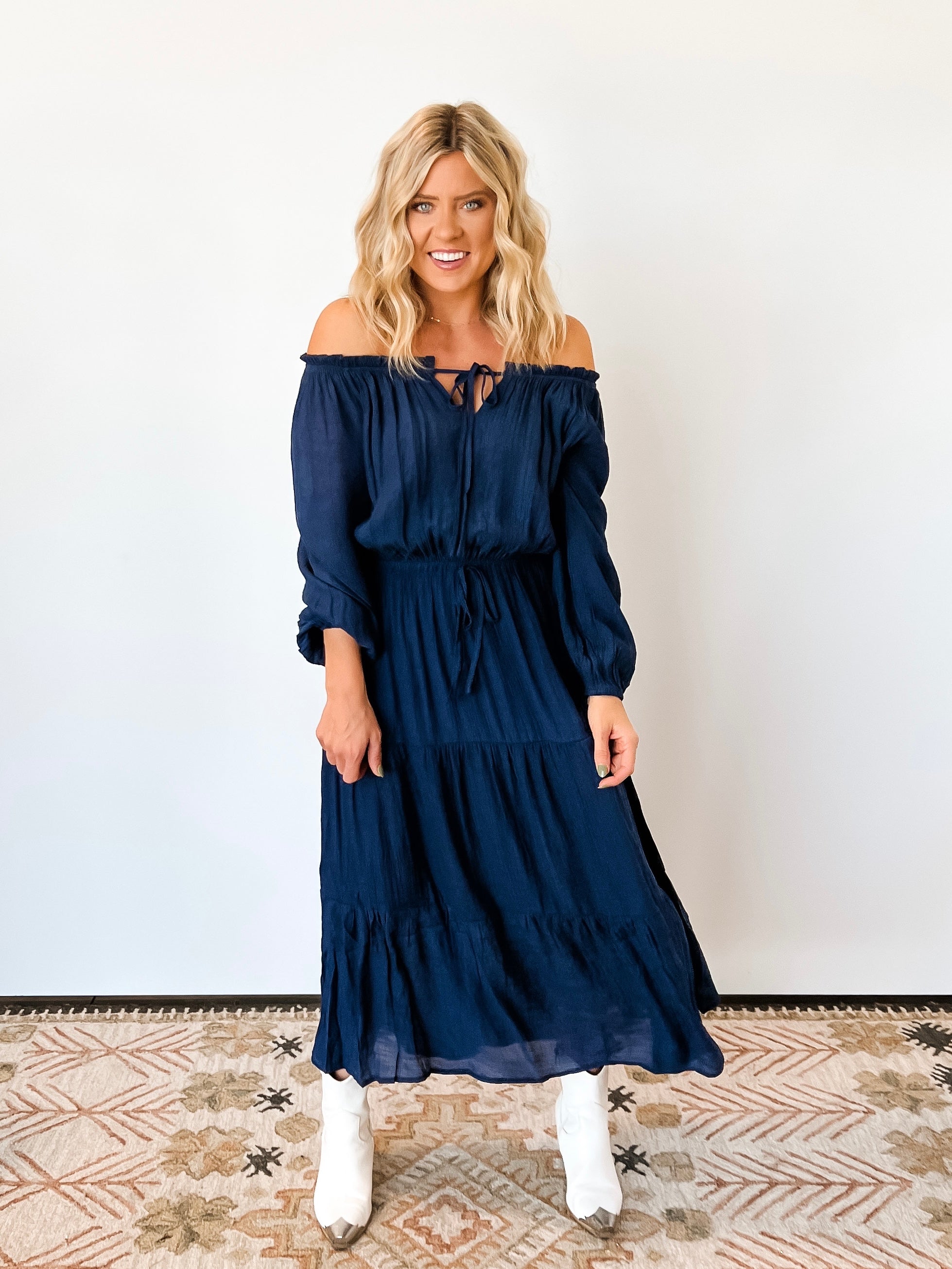 Midnight Blue Off the Shoulder Maxi