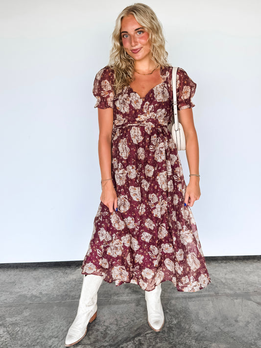 Burgundy Floral Sweetheart Midi Dress
