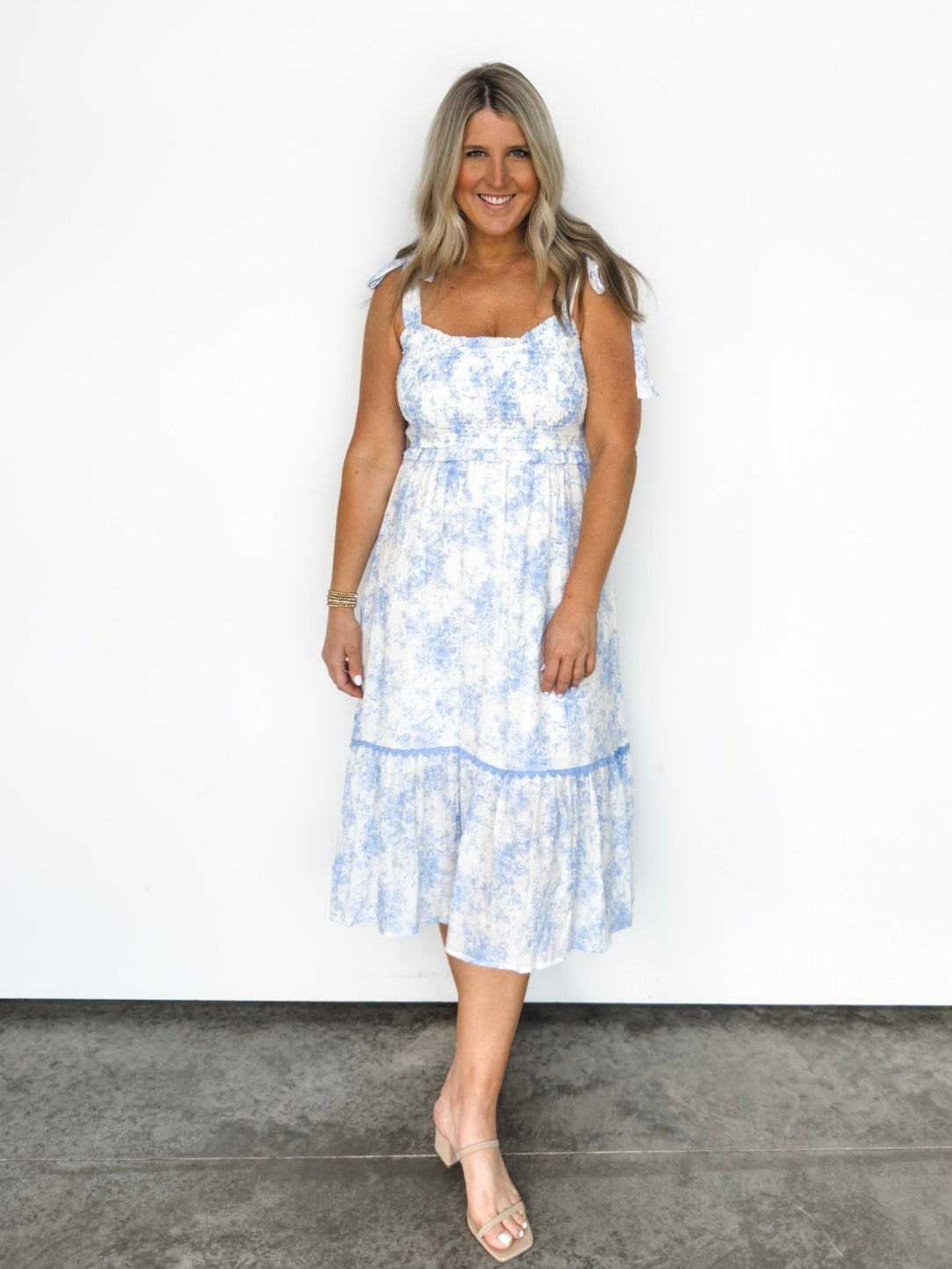 Blue Floral Tie Strap Smocked Dress