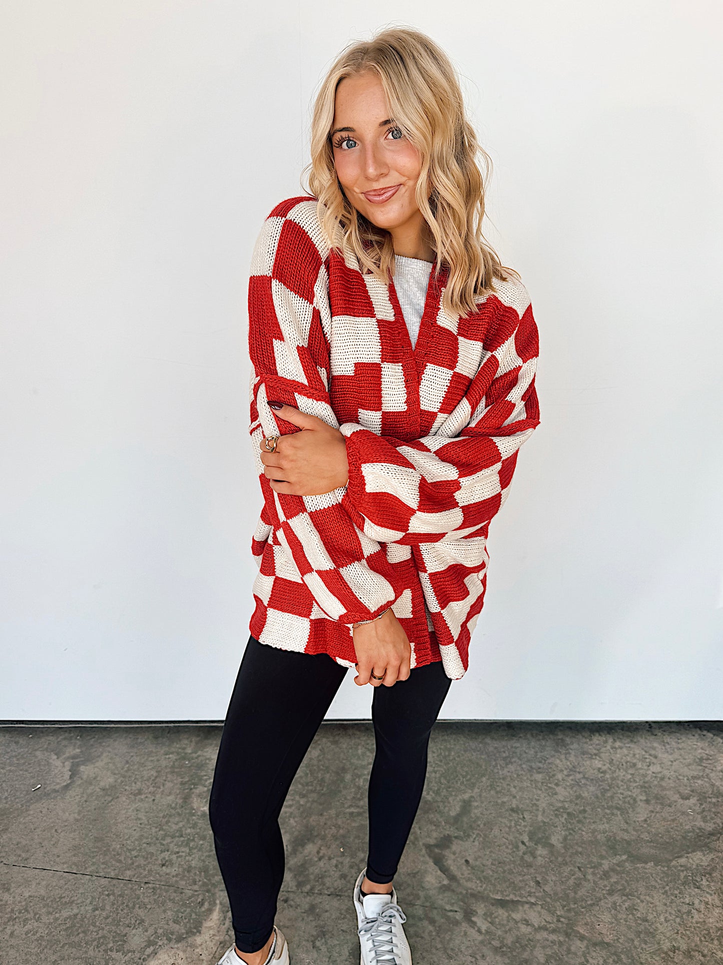 Red Checkered Oversized Cardigan