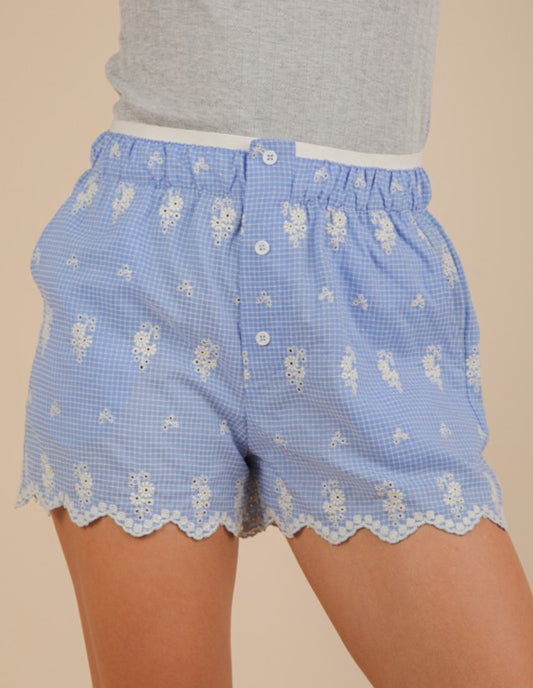 Light Blue Embroidered Cotton Shorts