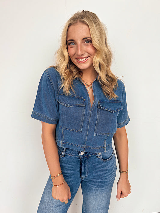 Denim V-neck Cropped Top