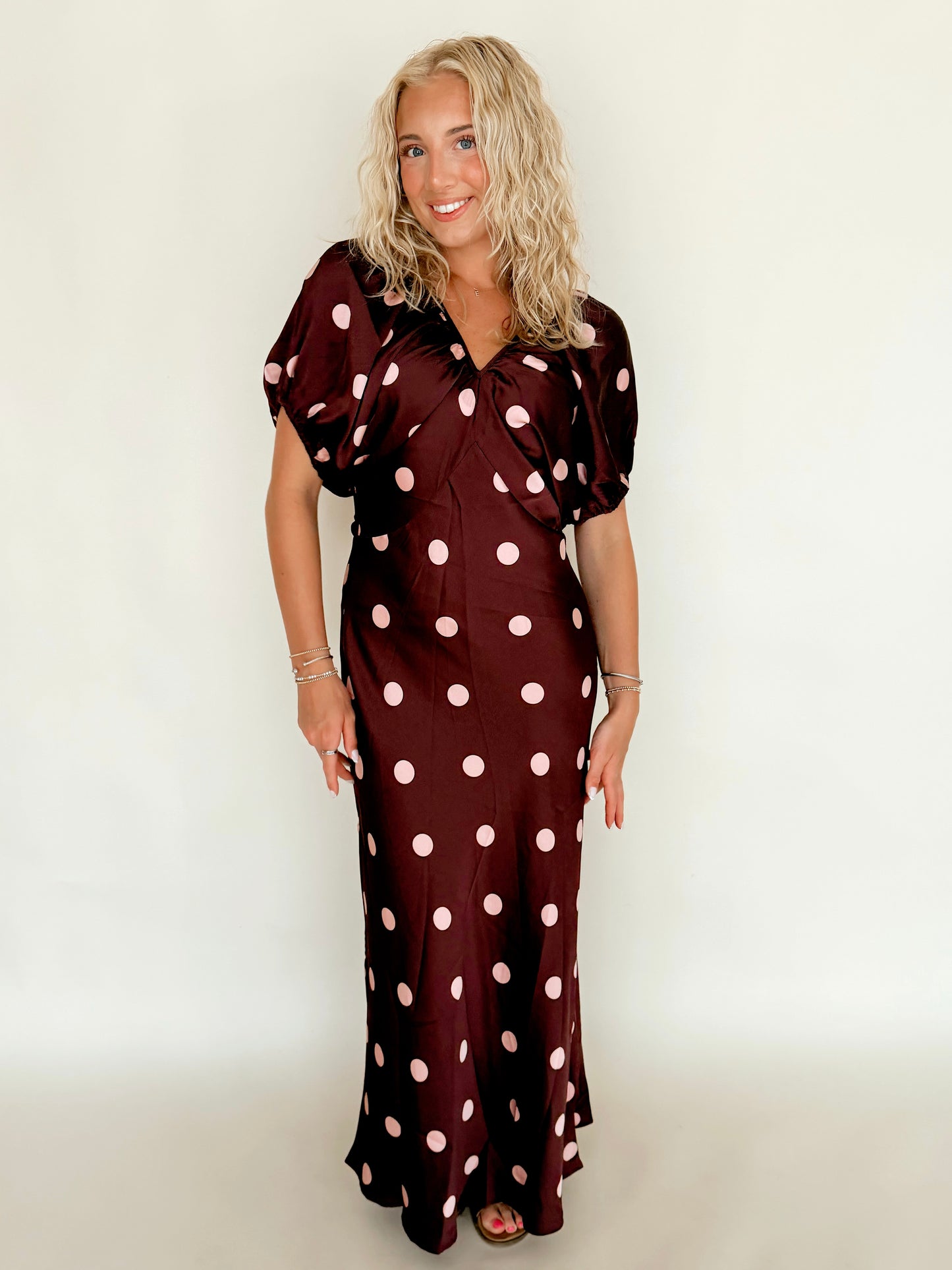 Burgundy Satin Polka Dot Dress