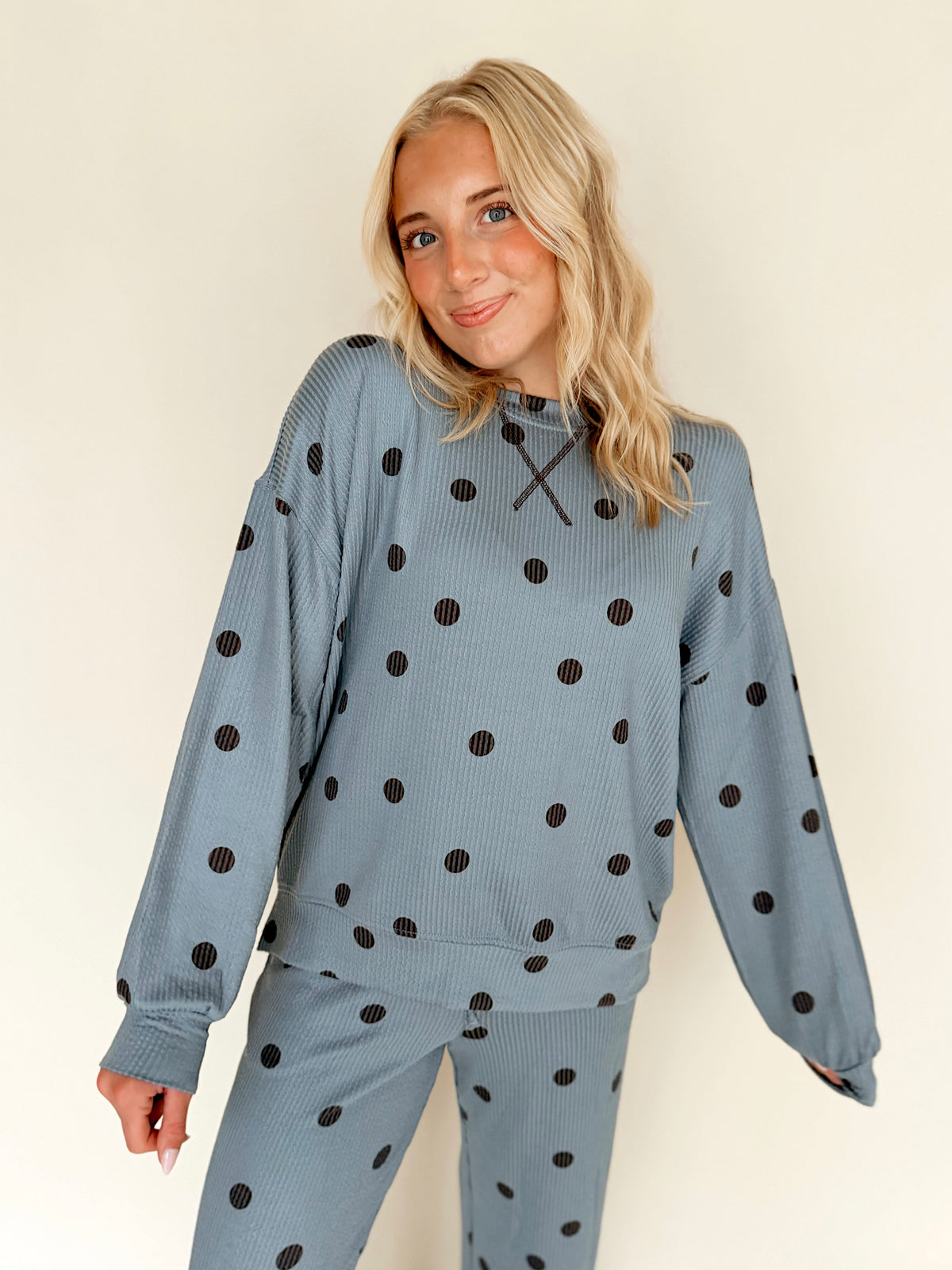 Blue & Brown Polka Dot Ribbed Set