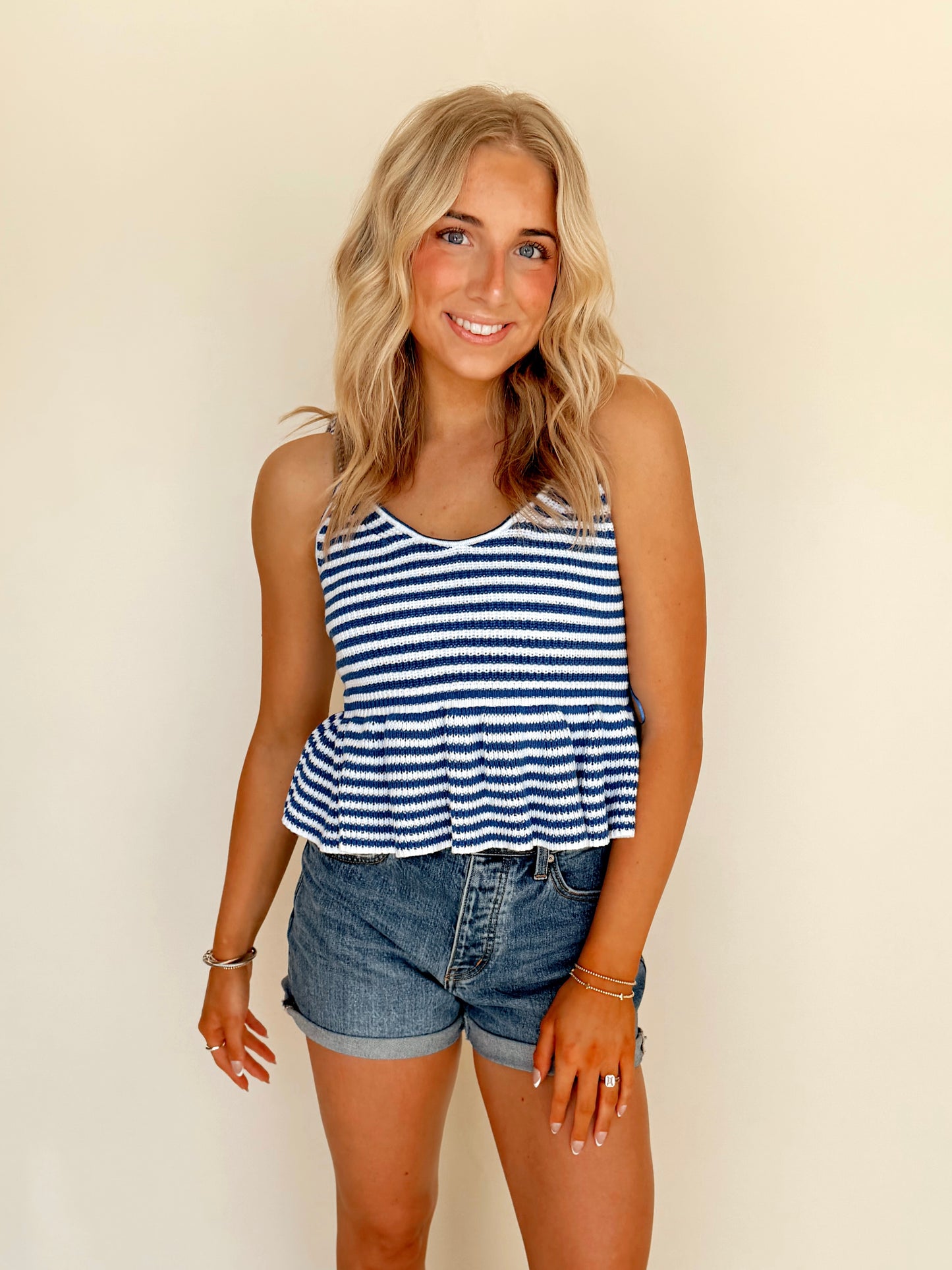Blue Striped Tie Strap Peplum Top