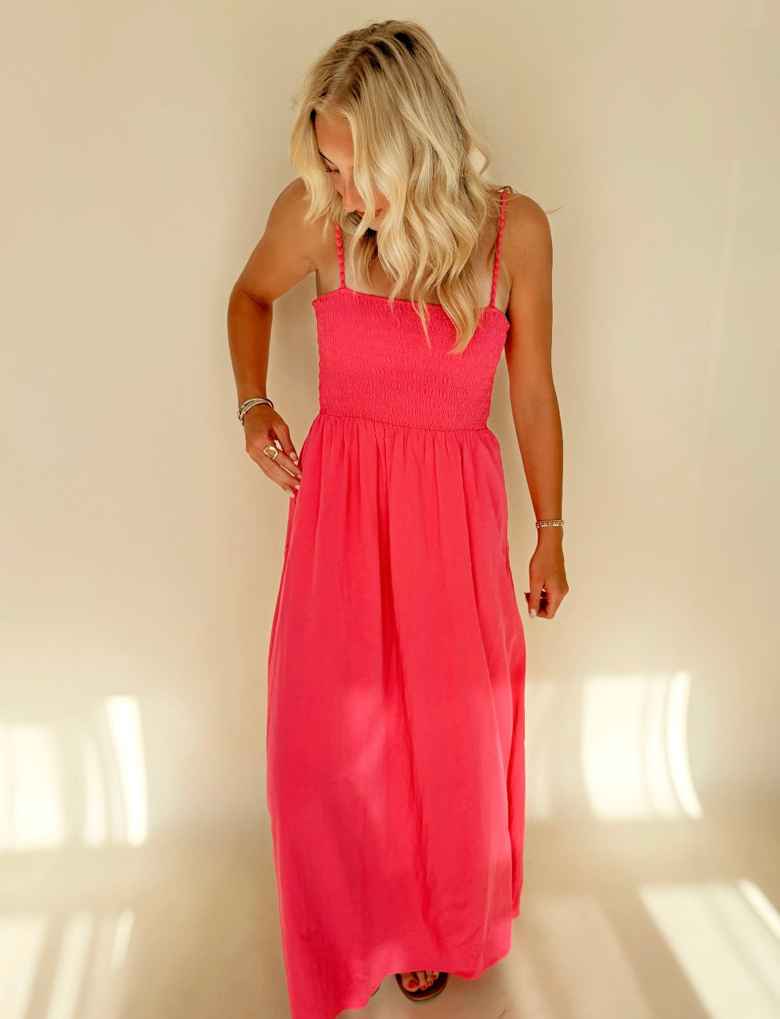 Hot Pink Pom Pom Smocked Maxi Dress