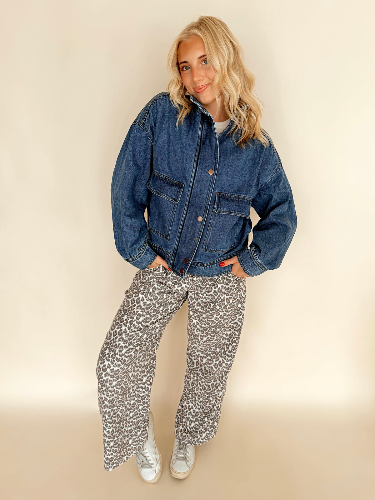 Denim Funnel Neck Snap Button Jacket