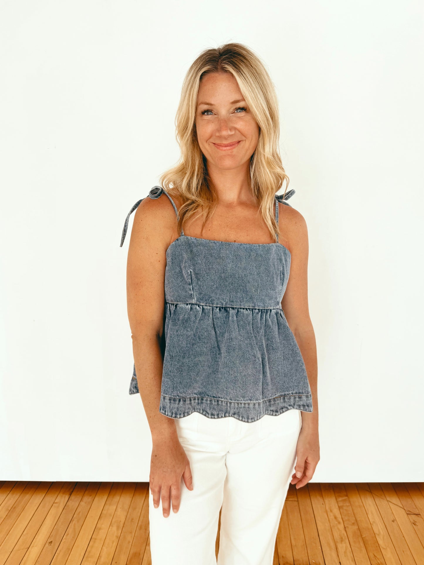Denim Tie Strap Peplum Top