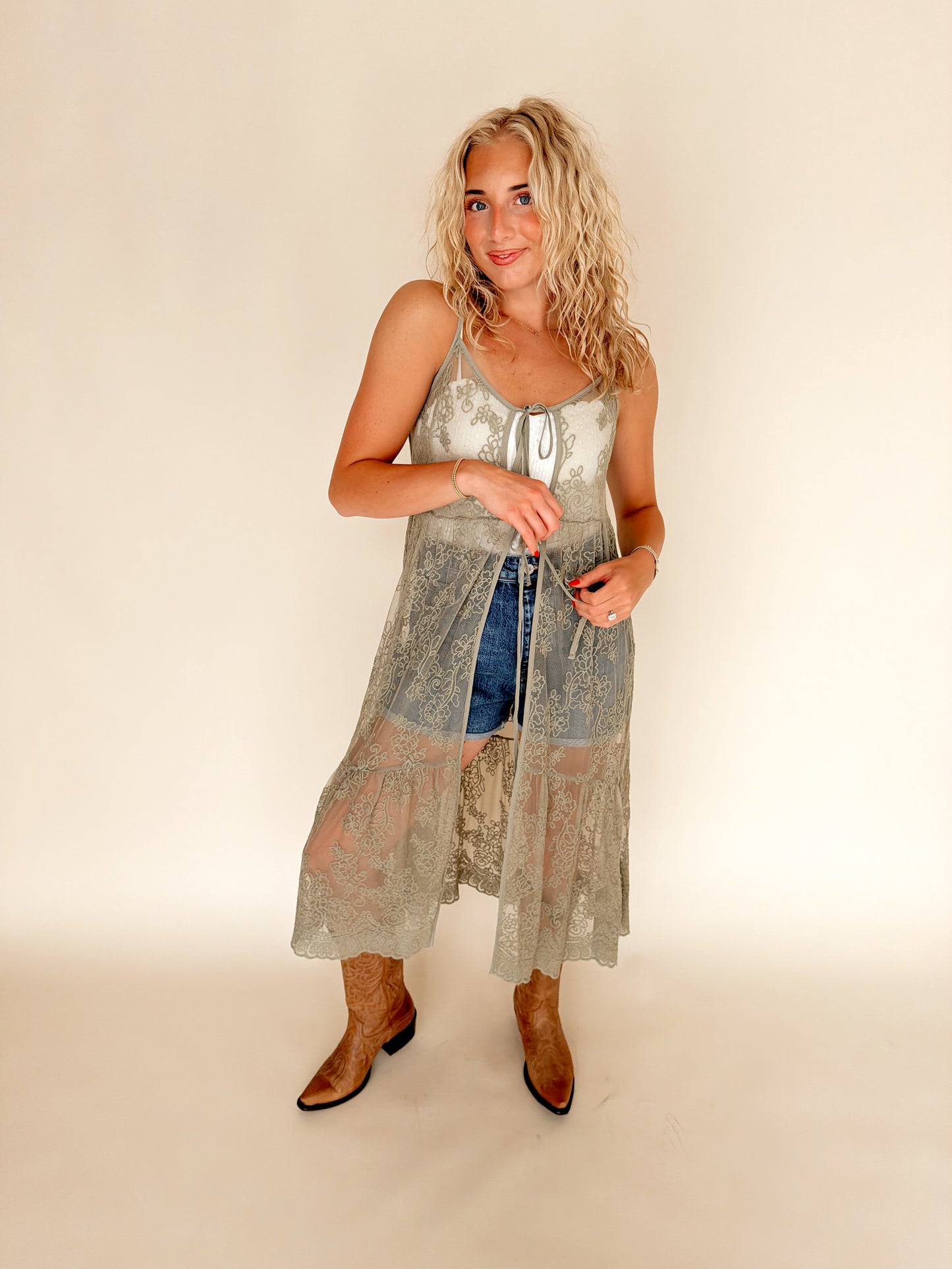 Light Olive Embroidered Lace Tie Duster