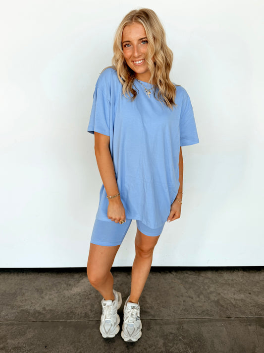 Cornflower Blue Cotton Top & Biker Shorts Set