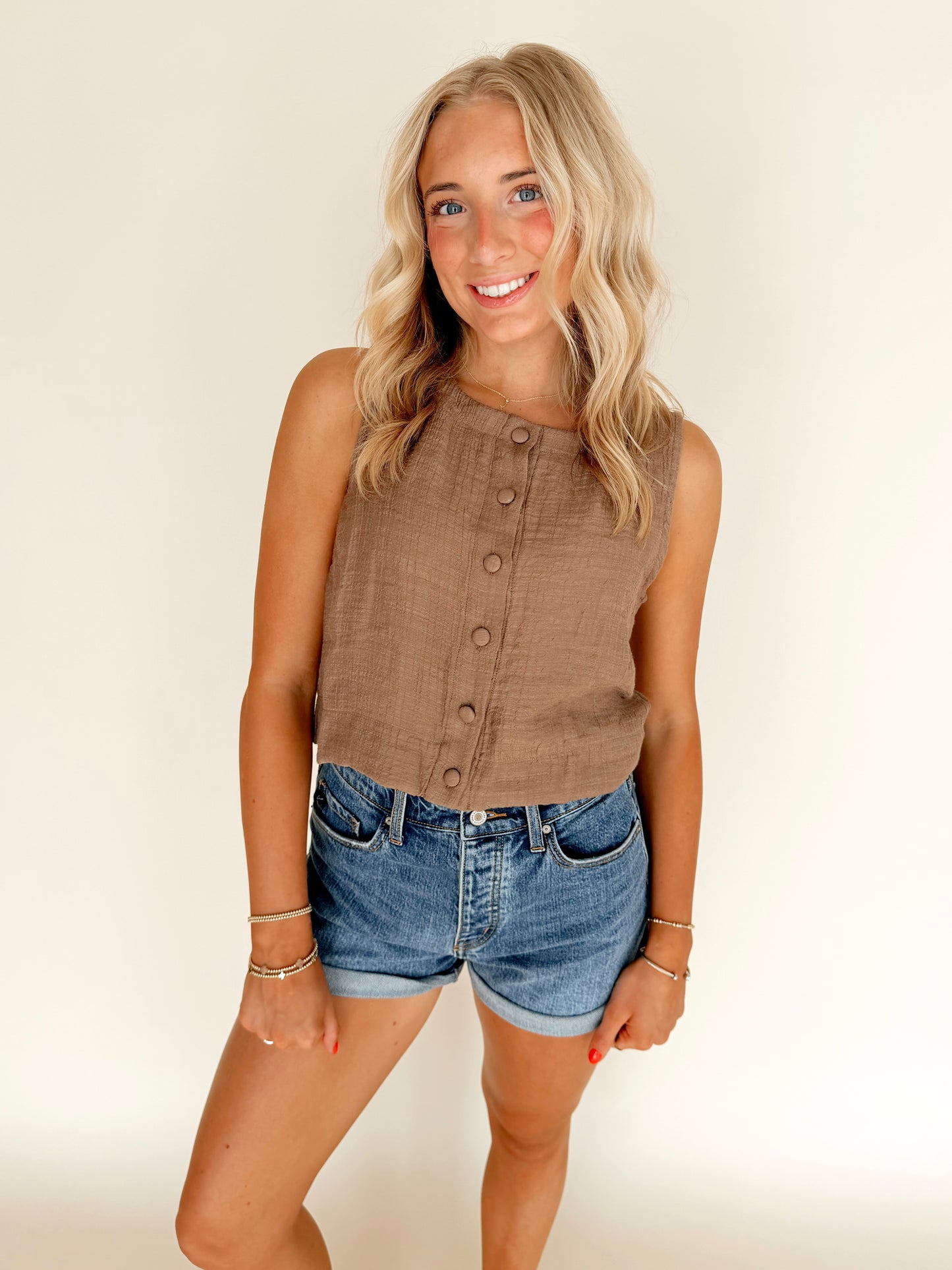 Cocoa Textured Button Sleeveless Top