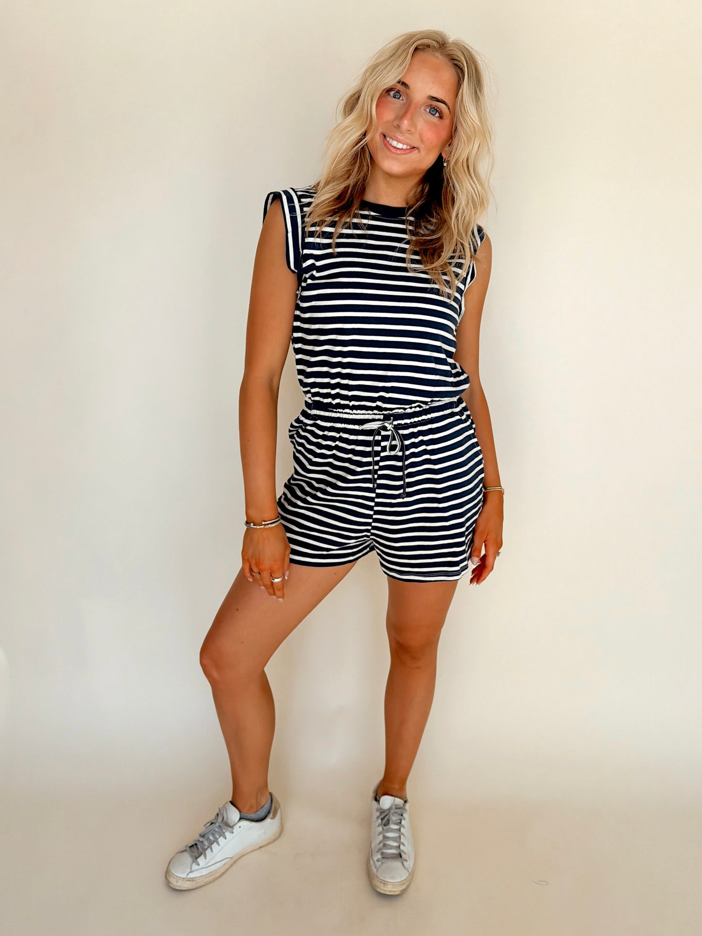 Navy Striped Drawstring Waist Cotton Romper