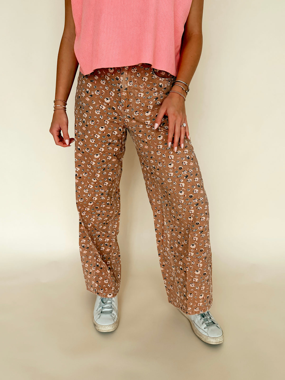 Brown Floral Print Barrel Denim