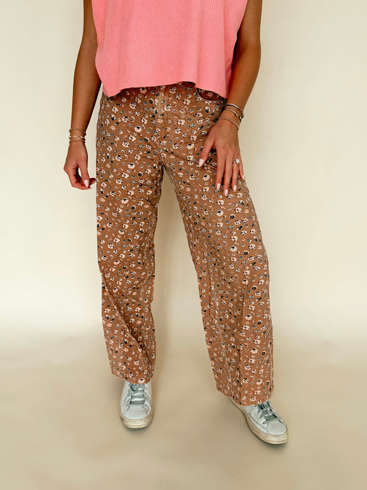 Brown Floral Print Barrel Denim
