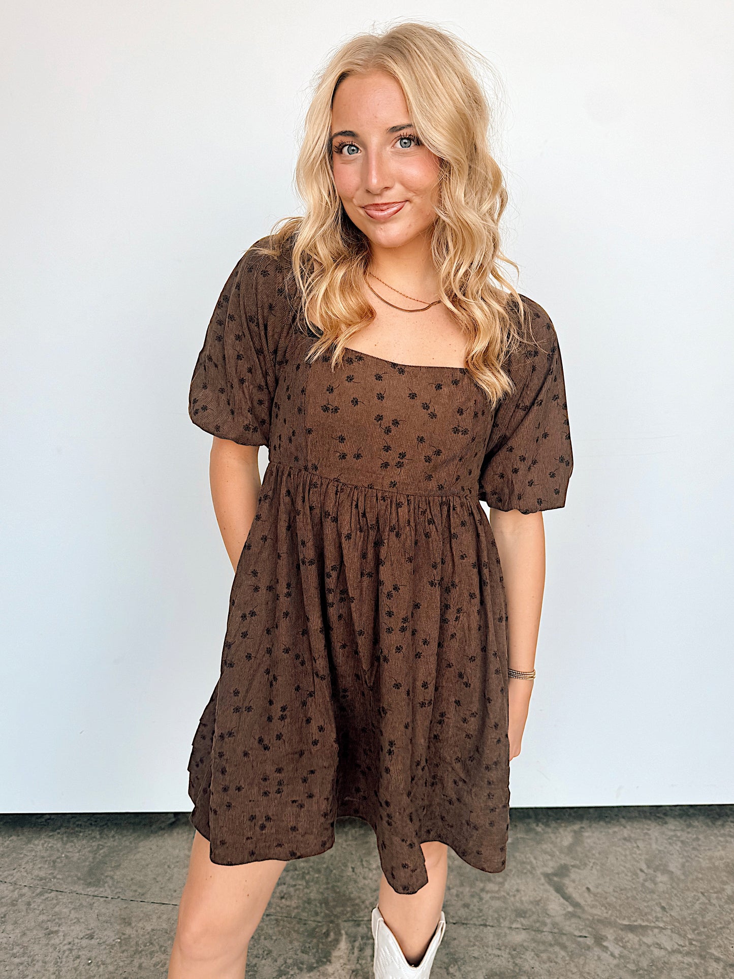 Mocha Corduroy Babydoll Puff Sleeve Dress