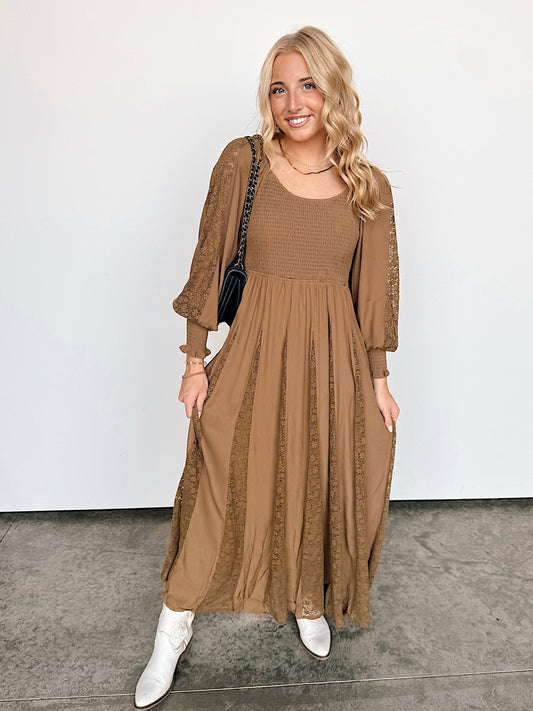 Citrine Olive Lace Inset Smocked Maxi Dress