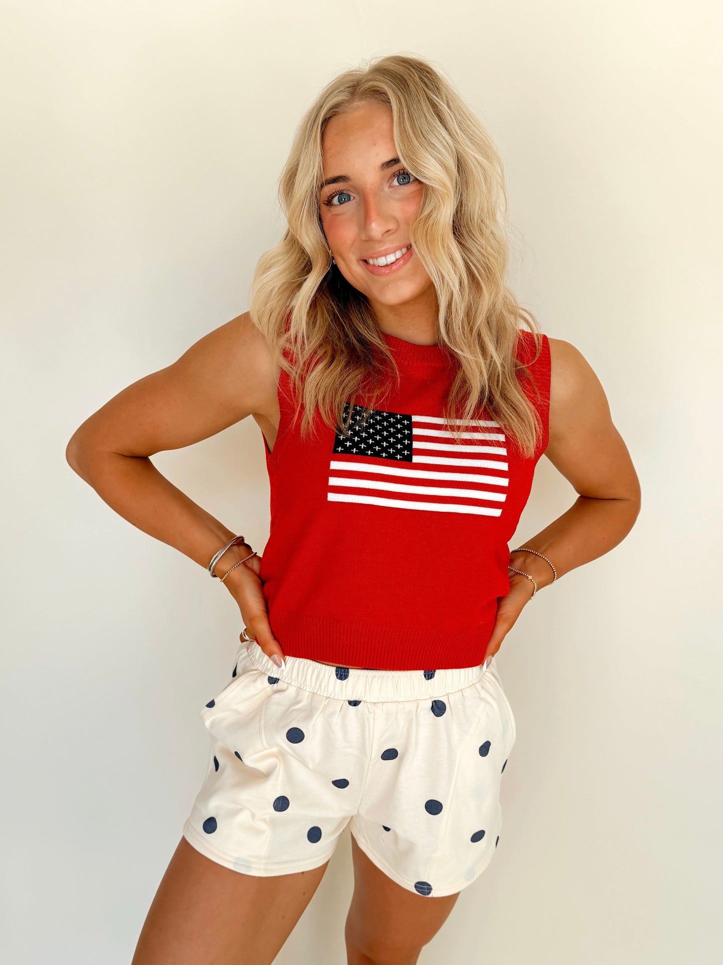 Red Flag Print Knitted Sleeveless Sweater