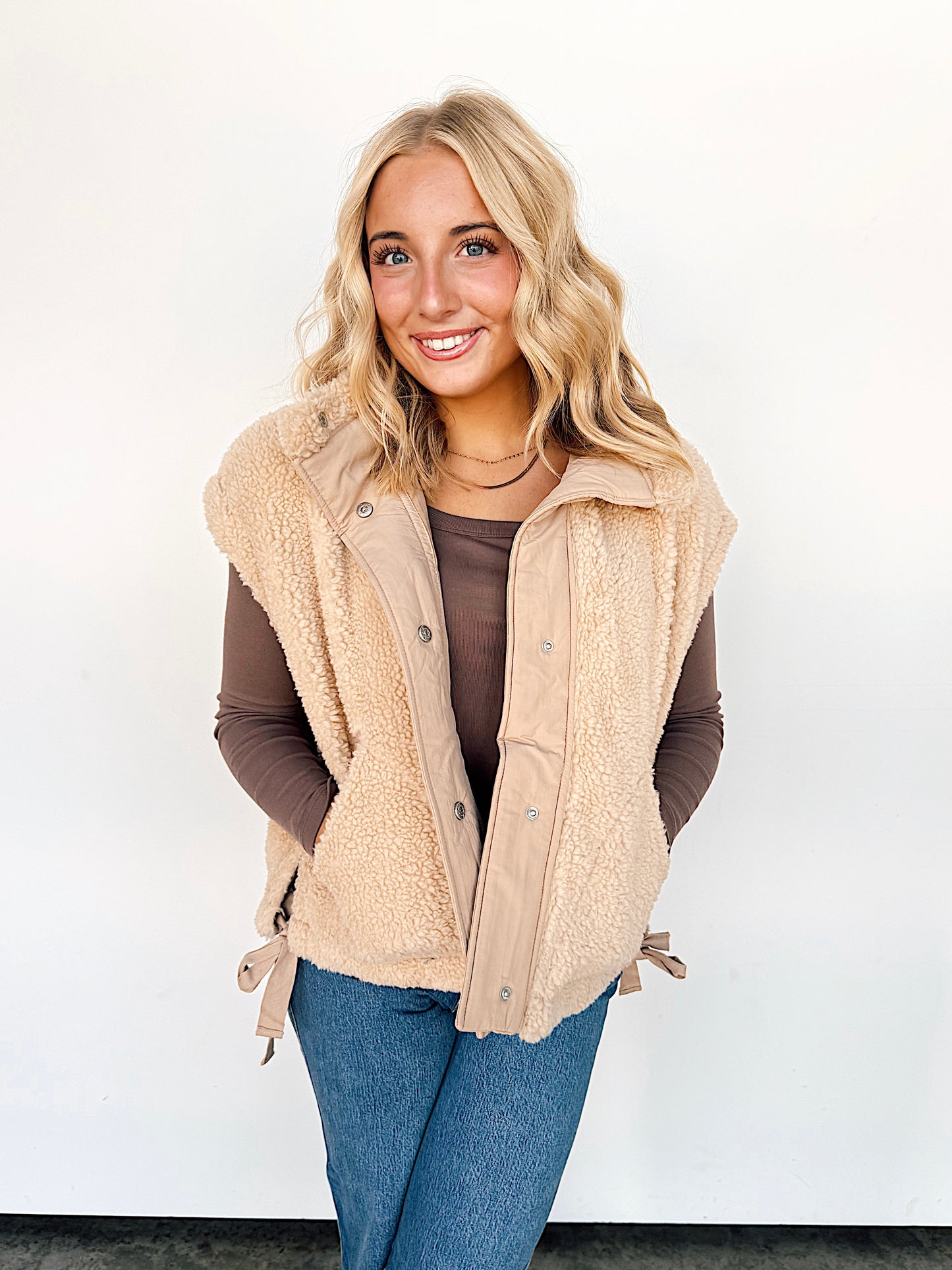 Beige Fuzzy Side Tie Vest