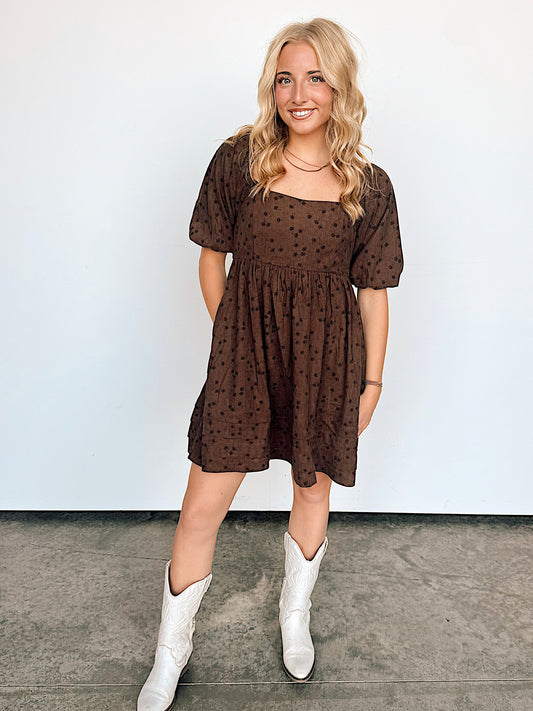 Mocha Corduroy Babydoll Puff Sleeve Dress