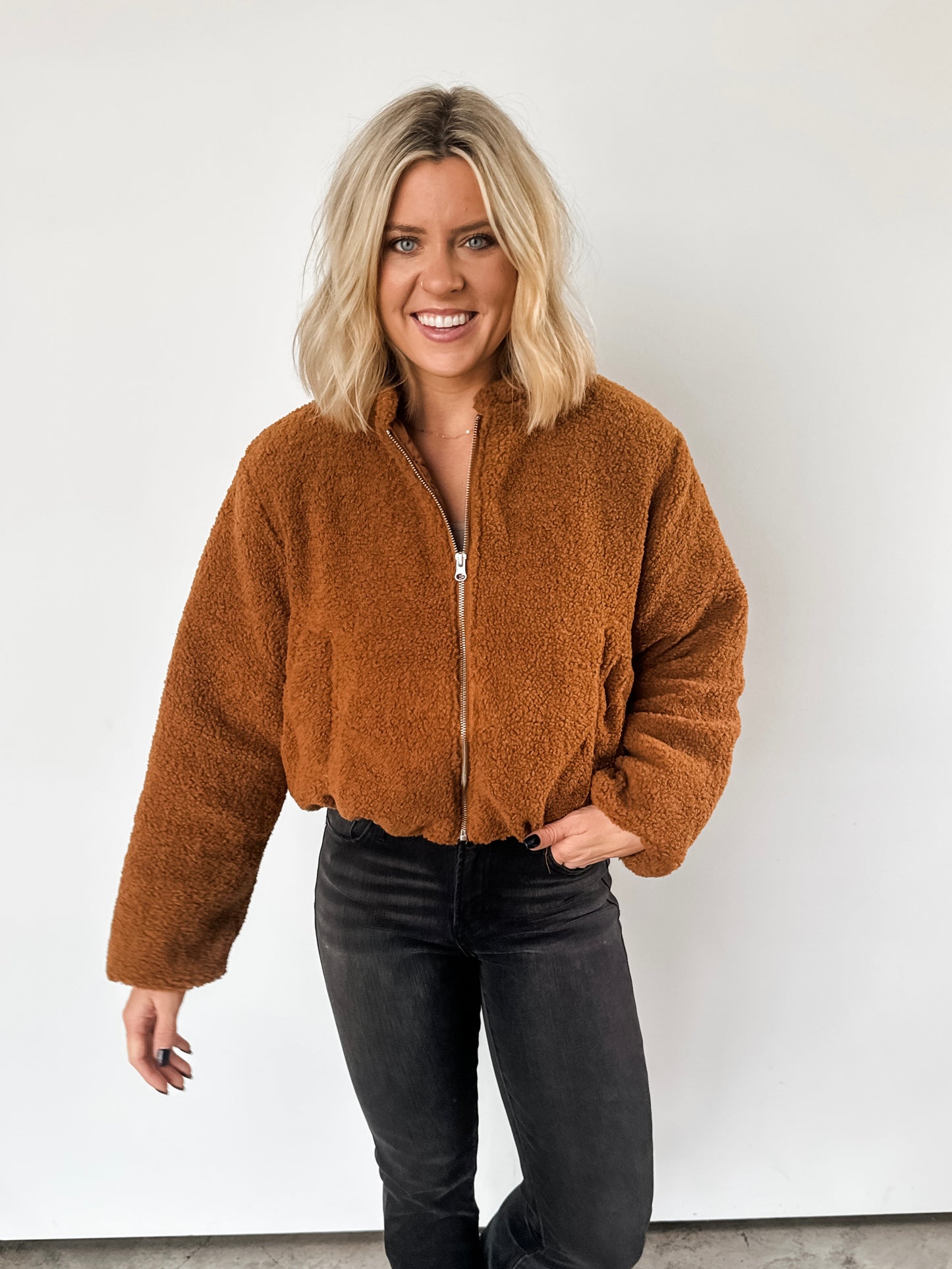 Brown Fuzzy Bomber Zip Up